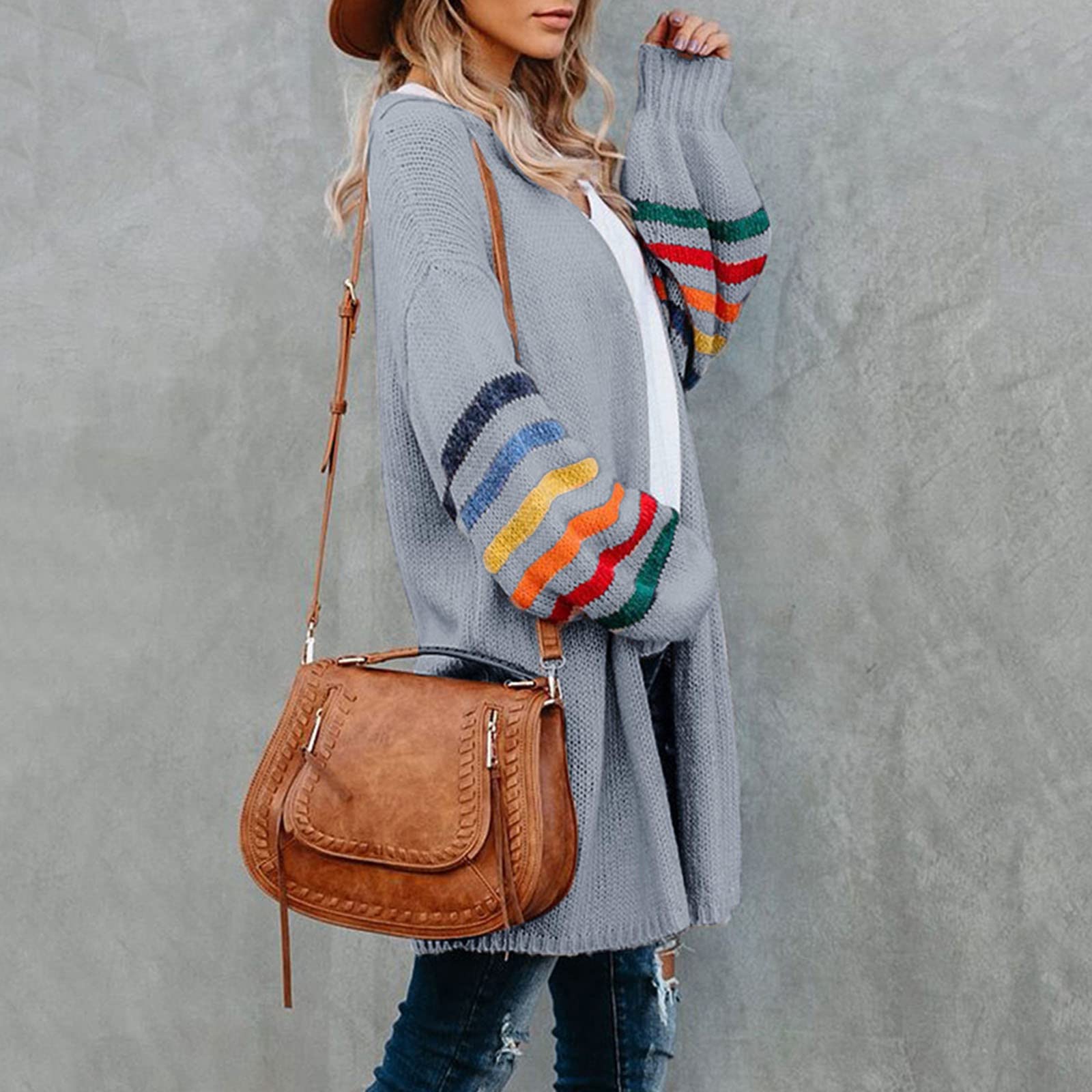 Plus Size Women's Rainbow Stripe Print Long Sleeve Open Cardigan Sweater - Warm Winter Overcoat for Women 4X - Perfect for Office, Casual Outfits & Holiday Parties