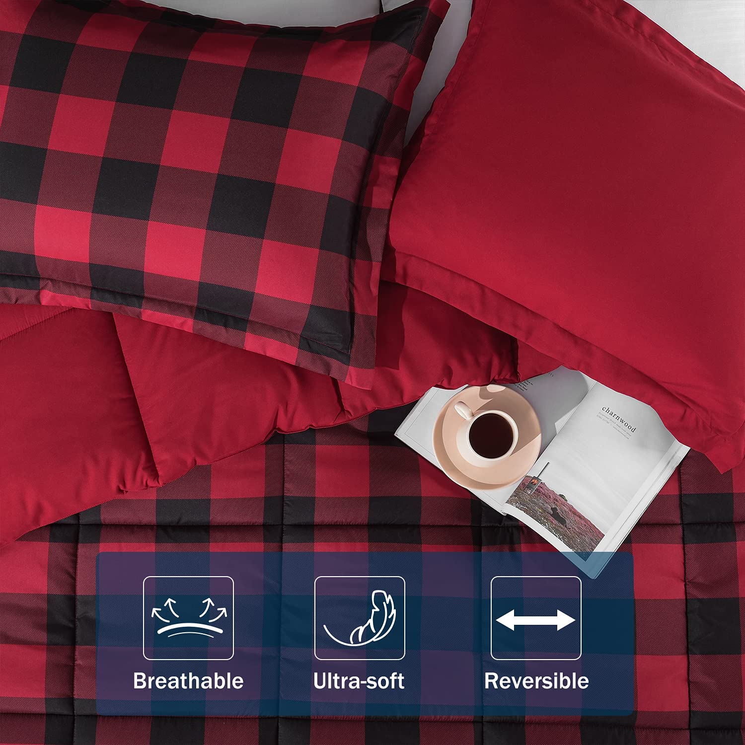 Downluxe Lightweight Plaid Comforter Set Queen Size - 3-Piece Reversible Down Alternative Bedding with 2 Pillow Shams - Red Black Checkered Pattern - Cozy All-Season Comforter for Bedroom, Guest Room & Dorm