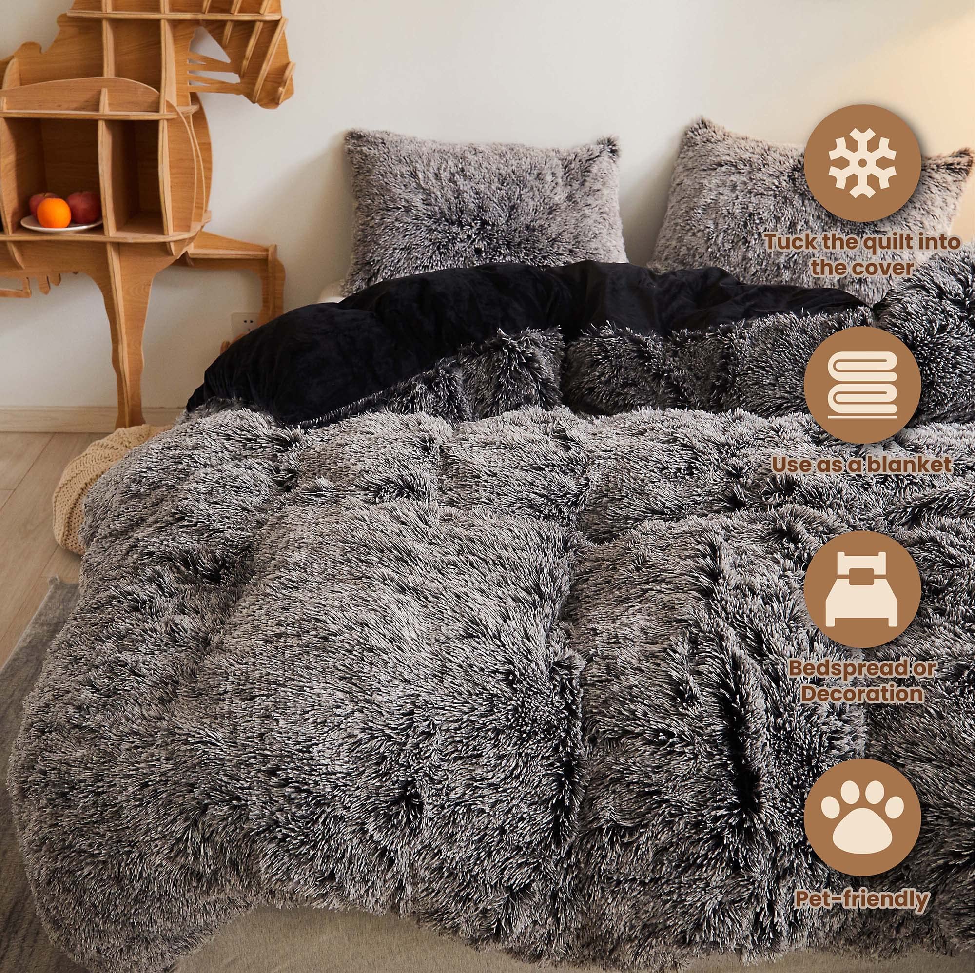 Luxury Shaggy Plush Duvet Cover Set - 3 Piece Soft Fluffy Faux Fur Comforter Cover with Zipper Closure, Fuzzy Bedding Set (1 Queen Size Furry Duvet Cover + 2 Pillow Shams) in Black Ombre - Perfect for Cozy Winter Nights & Stylish Bedroom Decor