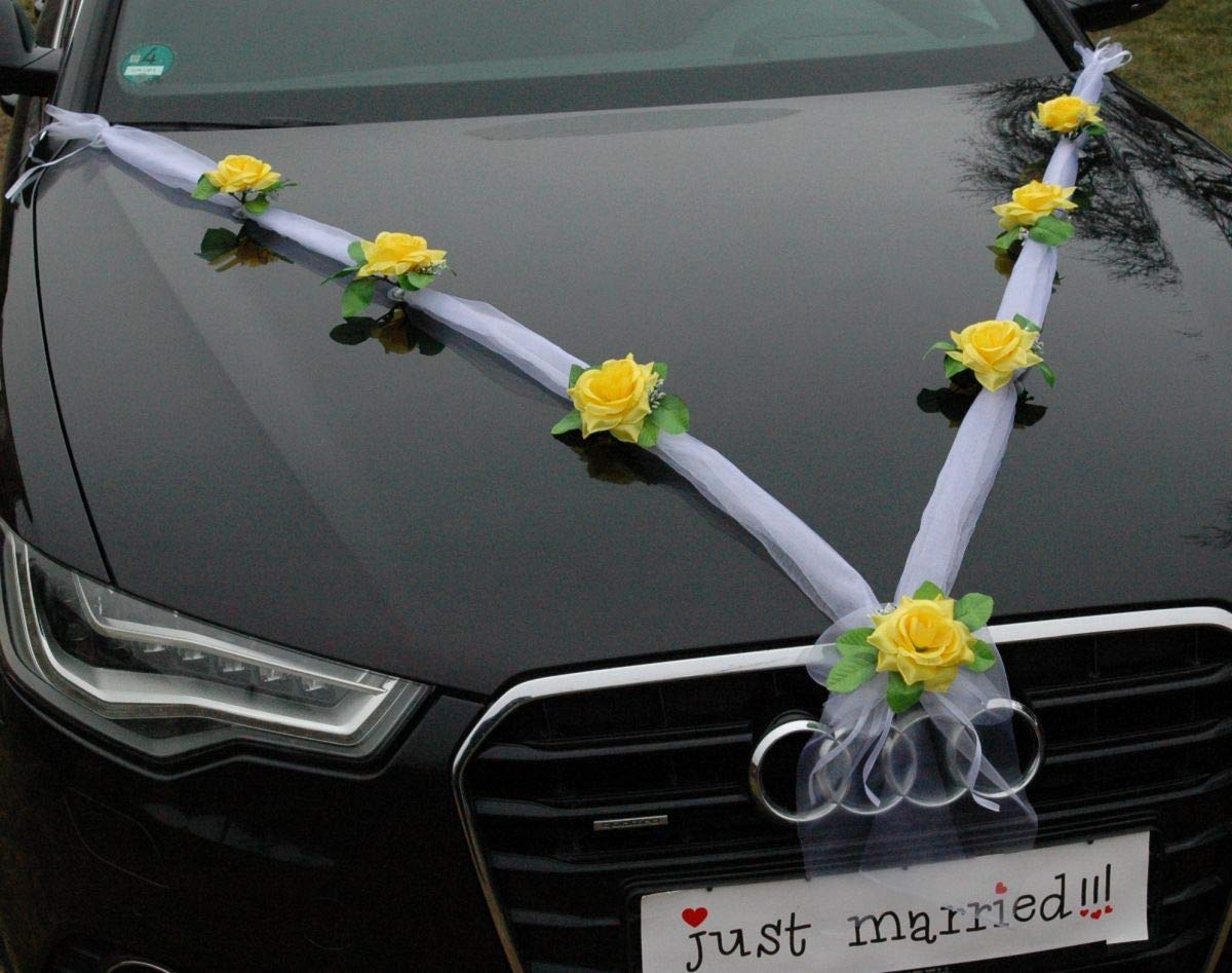 Elegant Organza M Car Jewelry - Bridal Couple Rose Decor for Wedding Cars (Yellow/White) - Perfect for Wedding Day Decorations & Romantic Getaways