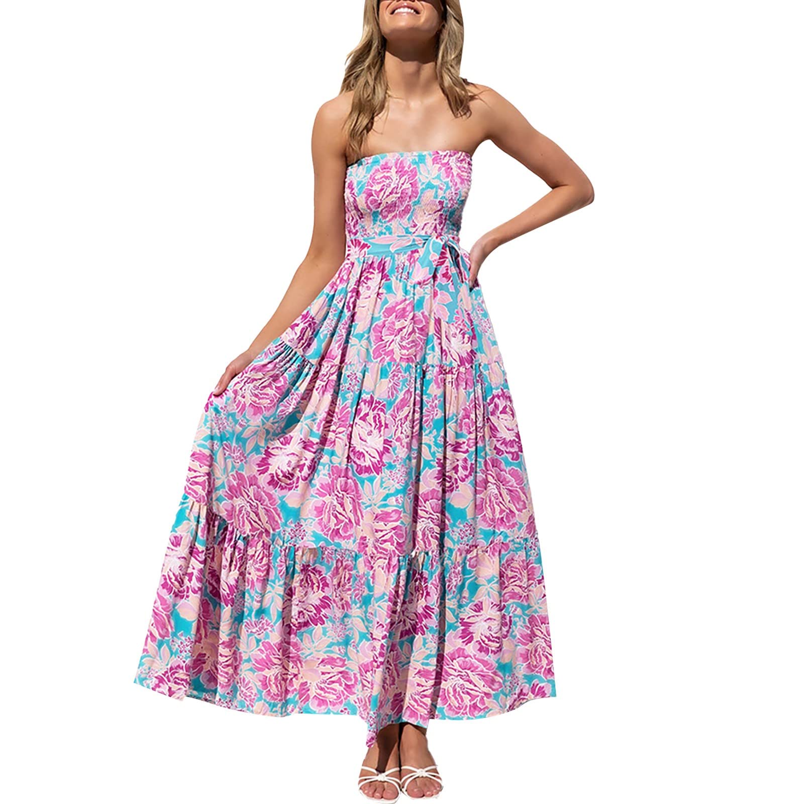 Women's Summer Cotton Floral Print Strapless Boho Beach Dress - Casual Midi Sundress for Vacation, Party & Outdoor Date | Breathable Comfort Dress for Women