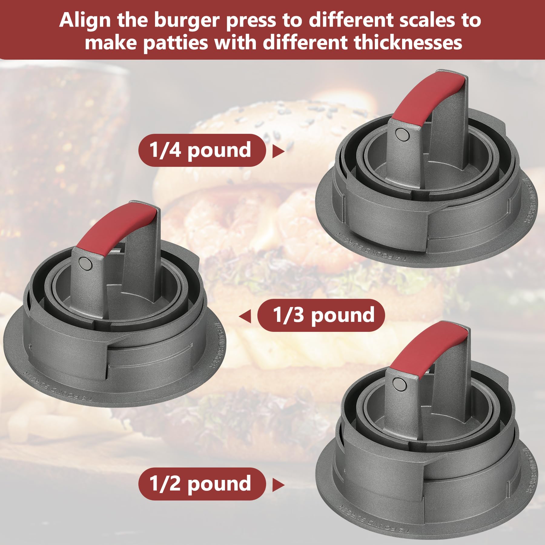3-in-1 Heavy Duty Burger Press Patty Maker - Adjustable Hamburger Mold for 1/2, 1/3 & 1/4 lb Patties - Non-Stick with 100 Patty Papers - Perfect for BBQ, Picnics & Home Grilling