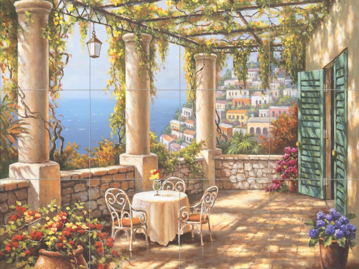 Hand-Painted Ceramic Backsplash Tile Mural - Tuscan Italian Countryside Scenery for Kitchen & Bathroom Decor - Morning Terrace Design by Sung Kim - Perfect for Farmhouse, Mediterranean & Vintage Style Home Renovations