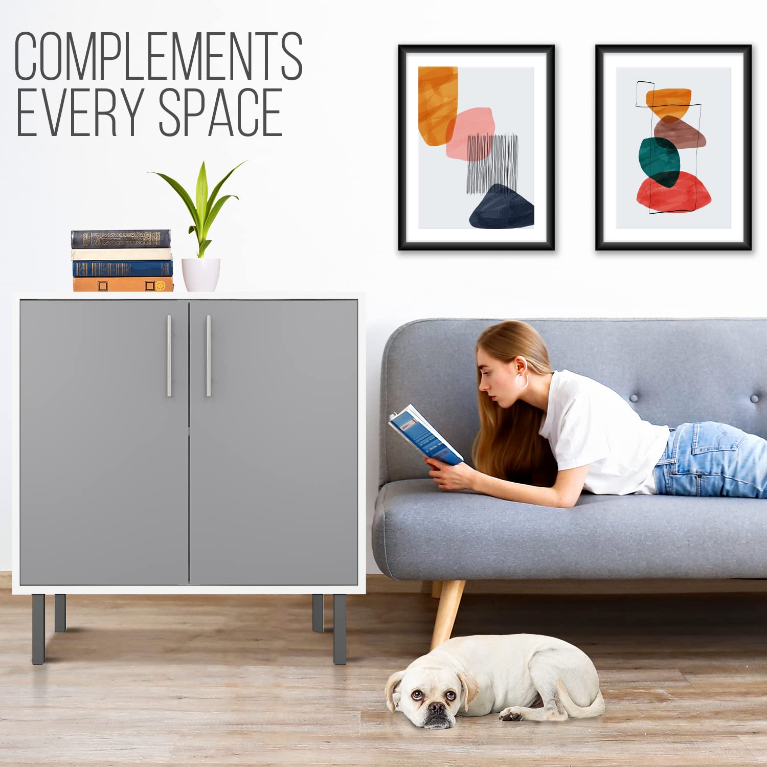 EconoHome Grey Wood Buffet Cabinet with 2 Doors - Storage Sideboard for Living Room, Office, Kitchen, Dining Room & Bedroom - Perfect as TV Stand, Cupboard or Console Table for Home Organization & Decor