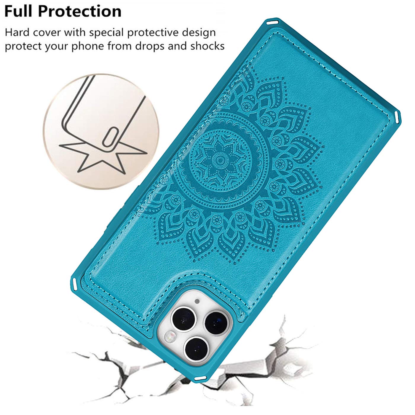 Premium PU Leather Mandala Flower Embossed iPhone 11 Pro Max Wallet Case with Card Holder - Shockproof Protective Phone Cover for Women & Men (Blue) - Perfect for Daily Use, Travel, and Business Meetings