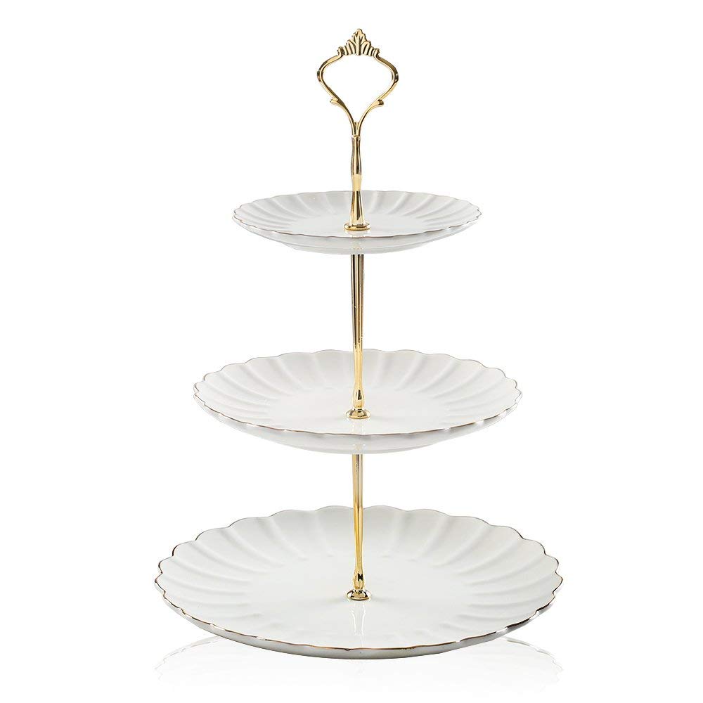 SWEEJAR British Royal Porcelain Tea Set - 8 OZ Teacups with Saucers, Teapot, Sugar Bowl, Cream Pitcher, Teaspoons & Tea Strainer + 3-Tier Ceramic Cake Stand | Elegant High Tea, Wedding, Bridal Shower & Afternoon Party Serving Set