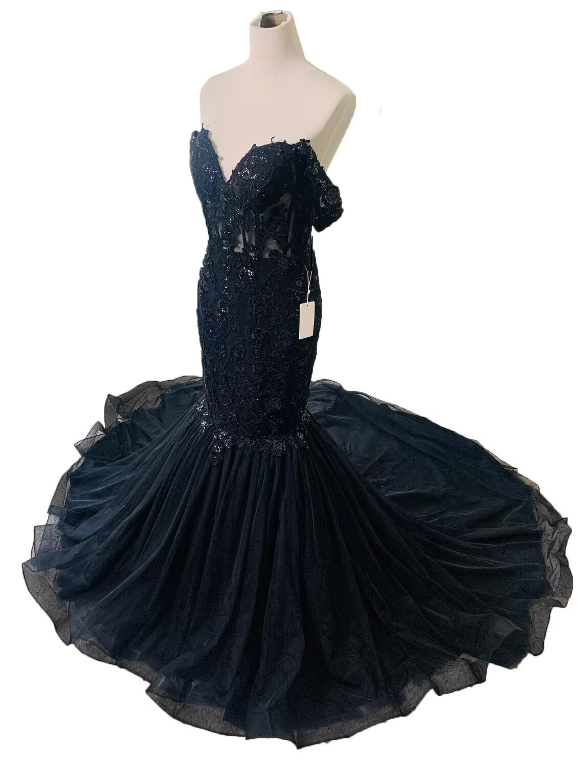 Elegant Off-Shoulder Lace Tulle Mermaid Wedding Dress for Bride - Long Black Bridal Gown for Beach, Church & Formal Weddings