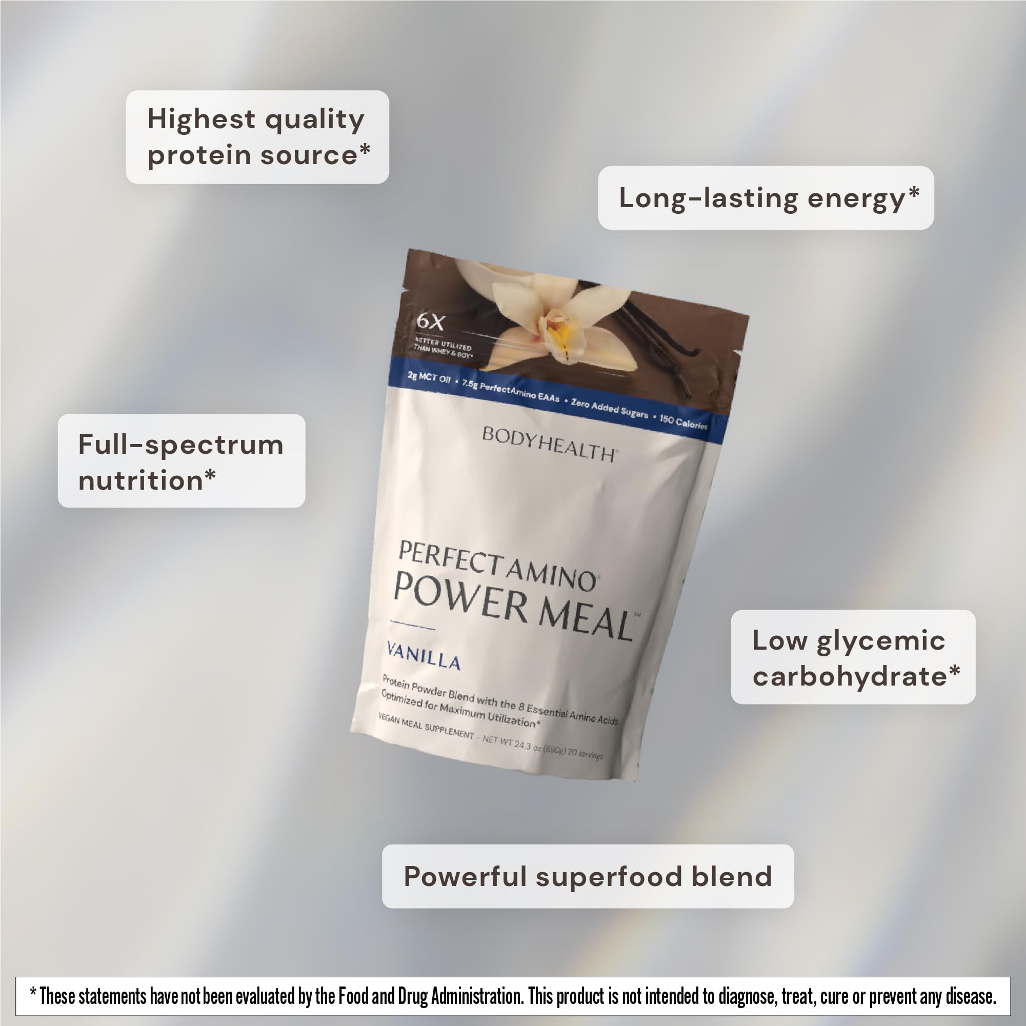 BodyHealth PerfectAmino Power Meal - Natural Vanilla Vegan Protein Powder | Dairy-Free, Plant-Based Organic Meal Replacement Shake with 12.5g Protein (20 Servings) for Post-Workout Recovery & Healthy Weight Management