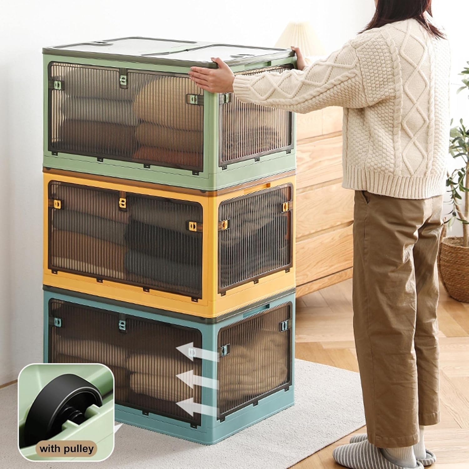 Foldable Plastic Storage Boxes with Lids - Large Clear Storage Bins with Handles & Wheels for Organizing Wardrobe, Grocery, Cupboard - Perfect for Home, Office, and Travel Storage Solutions