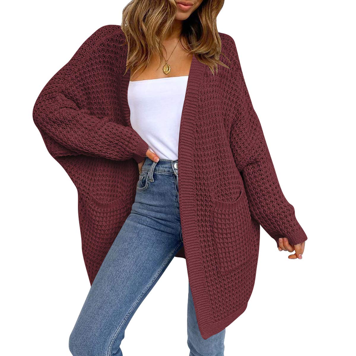 LOGENE Women's Oversized Batwing Sleeve Chunky Knit Open Front Long Cardigan Sweater with Pockets | Cozy Winter Wear for Casual Outfits, Lounge & Layering