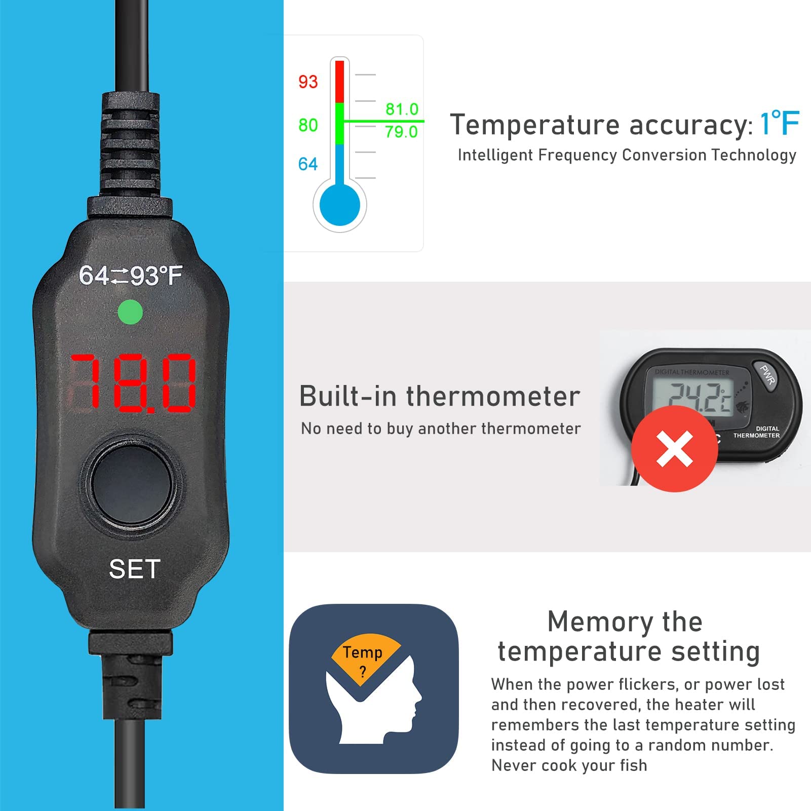 YukiHalu Small Submersible Aquarium Heater - Adjustable Mini Fish Tank Heater 25W 50W 100W 200W 300W with External Temperature Controller & LED Display for 5-60 Gallon Tanks (25W) - Perfect for Tropical Fish, Betta Tanks & Home Aquariums