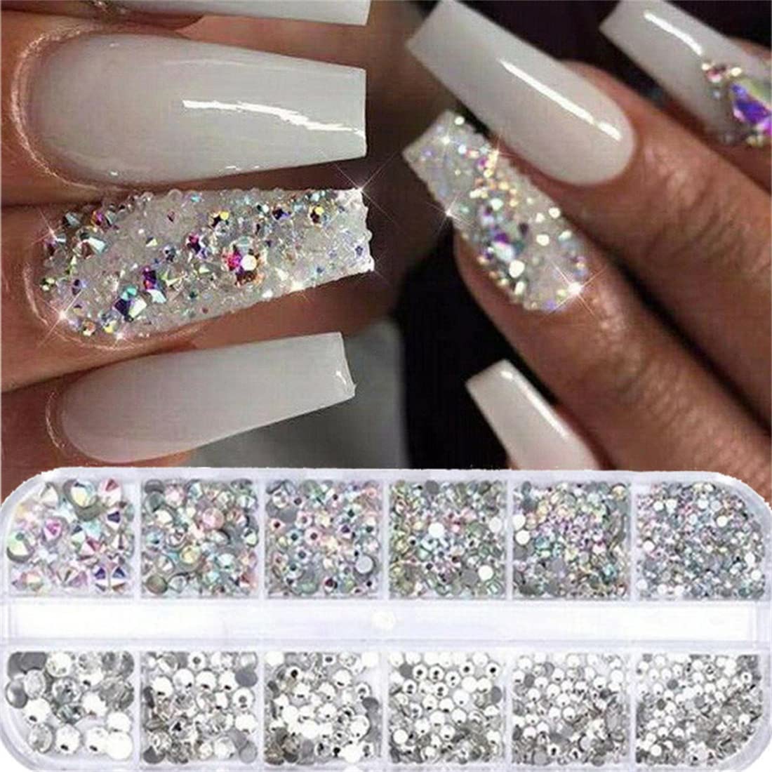12 Grid Nail Rhinestones Set - 1.5mm-6mm 3D Glass Crystal AB & Clear Nail Gems with Pearls for Nail Art | Perfect for DIY Manicure, Nail Salon, Wedding, Party & Special Occasion Nail Designs