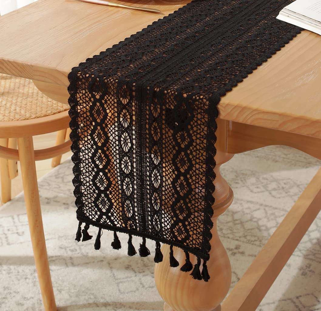 Gemseek 84 Inch Boho Black Table Runner - Vintage Farmhouse Crochet Macrame Bohemian Tablecloth for Wedding, Party, Coffee & Dining Table Decor - Perfect for Rustic Home, Kitchen & Event Decoration