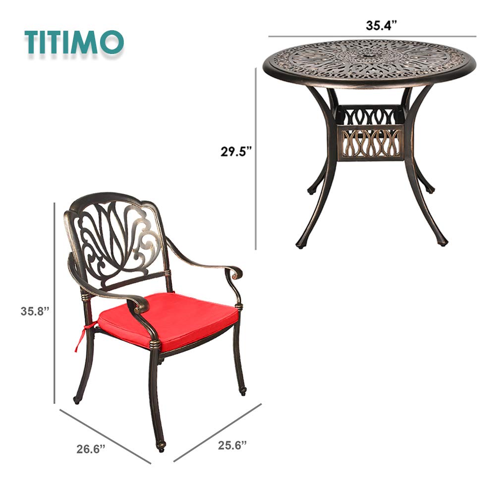 TITIMO 3-Piece All-Weather Outdoor Dining Set - Cast Aluminum Round Table & Chairs with Cushions & Umbrella Hole - Patio, Garden, Deck Furniture for Backyard, Poolside & Outdoor Entertaining (Red)