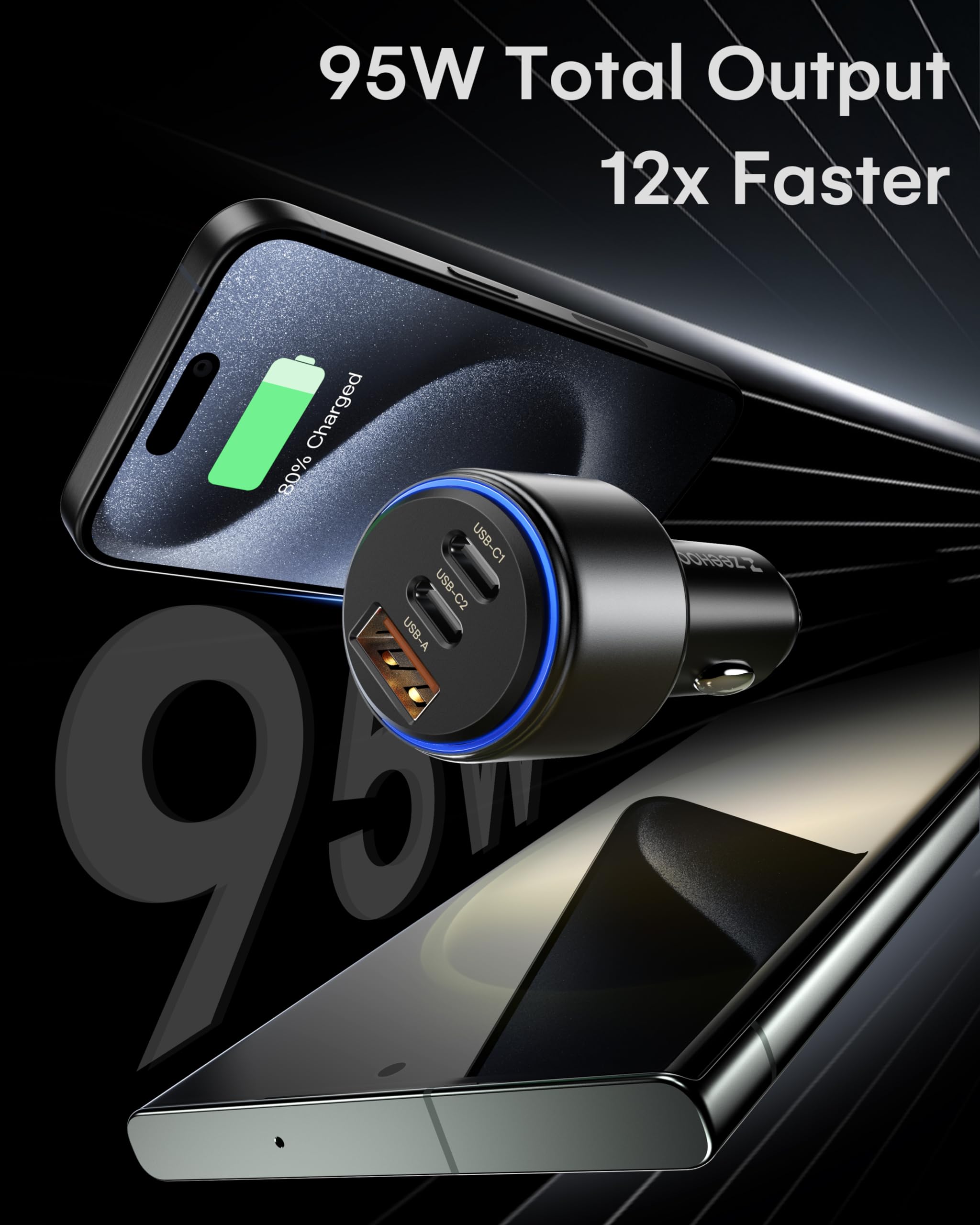95W USB C Car Charger Fast Charging Adapter - Compatible with iPhone 15 Pro Max/14/13/12 & Samsung Galaxy S23/S22 - Dual Port Cigarette Lighter Charger for Road Trips & Daily Commute