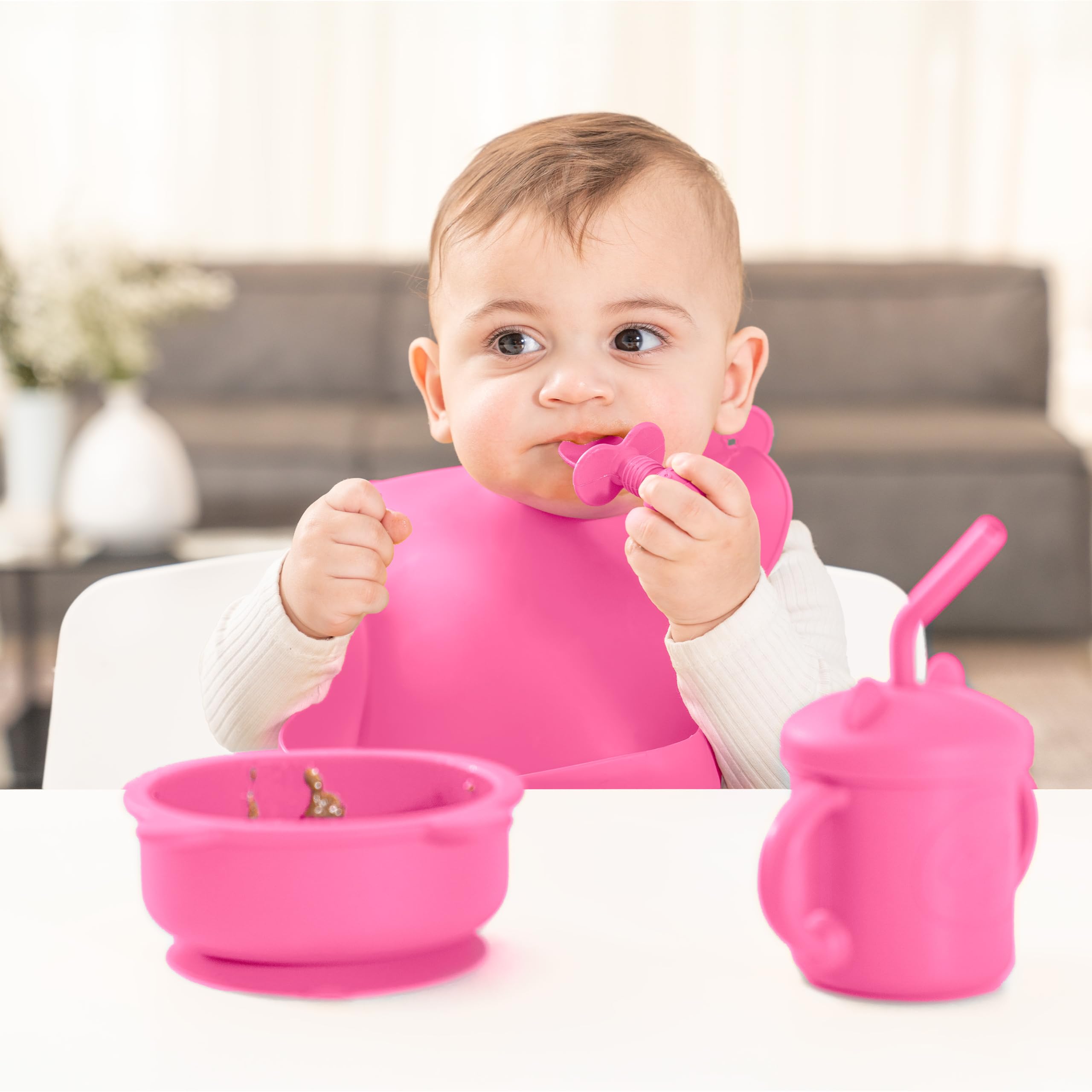 Complete Silicone Baby Led Weaning Set - 15-Piece Animal-Themed Toddler Feeding Essentials with Bib, Suction Plate, Bowl, Forks, Spoons, Sippy Cup & Straws - BPA-Free, Dishwasher Safe - Perfect for First Foods, Self-Feeding & Mess-Free Mealtime - Cheeky Pink