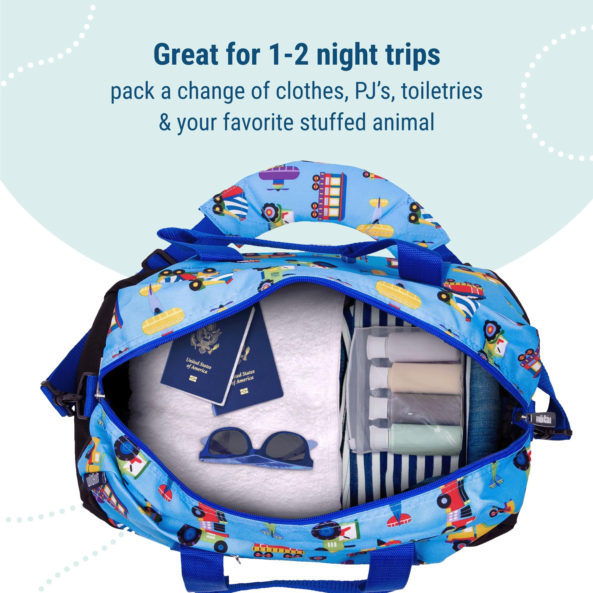 Wildkin Kids Overnighter Duffel Bag - Carry-On Size Travel Bag for Boys & Girls - Perfect for School, Sleepovers, Travel (Trains, Planes, Trucks Design) - Great for Weekend Trips, Sports Gear & Camping Essentials