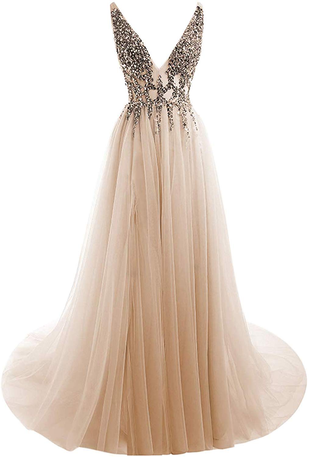 Elegant Beaded V-Neck Tulle Prom Dress for Women - Long Slit Evening Gown for Formal Events, Homecoming, and Special Occasions