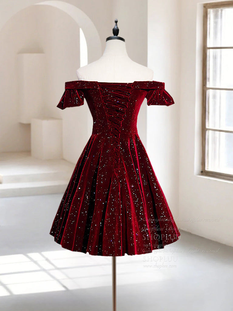 Elegant A-Line Off Shoulder Velvet Burgundy Short Prom Dress | Homecoming Party Dress for Women | Perfect for Dances, Formal Events & Special Occasions