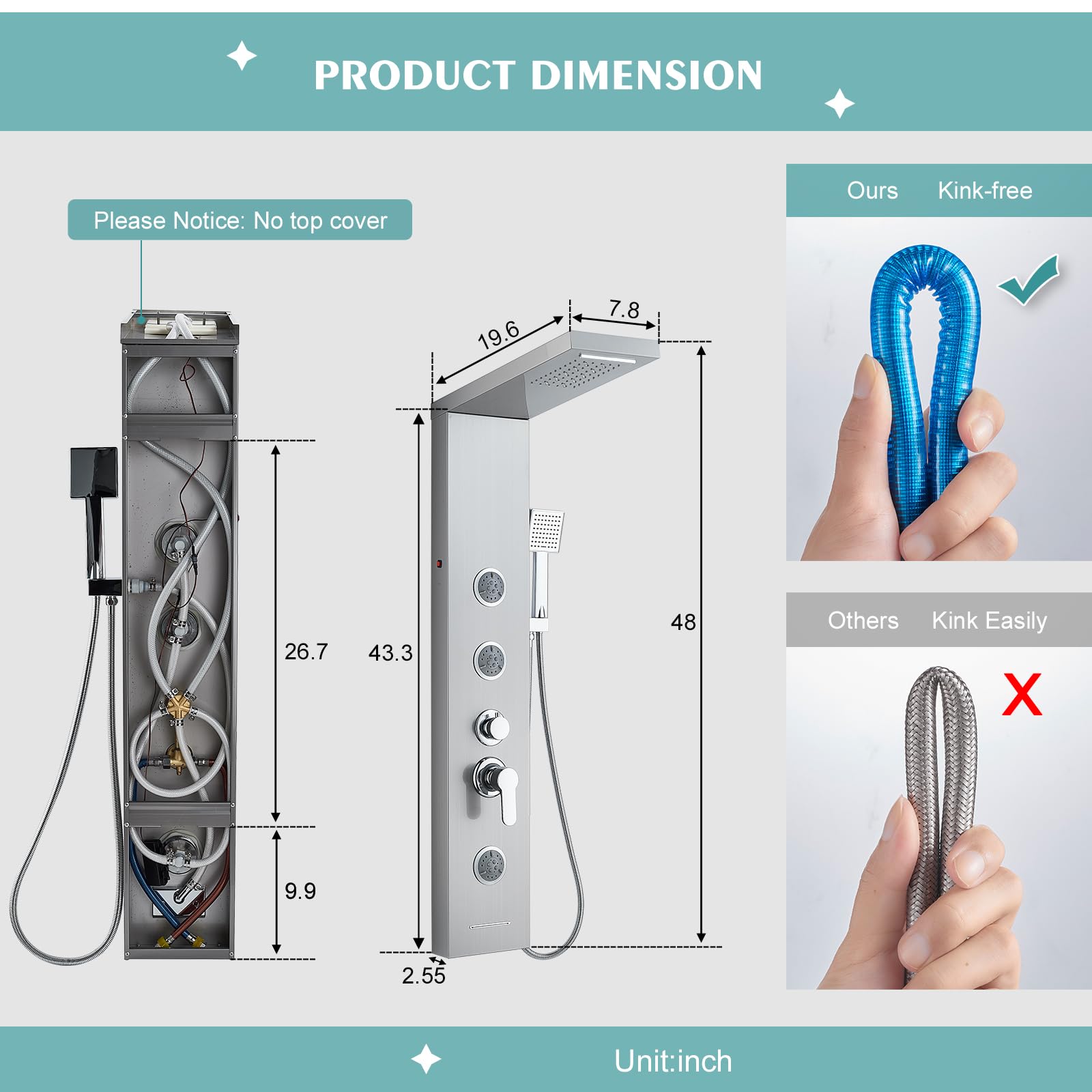 6 in 1 LED Rainfall Shower Panel Tower System with Waterfall Shower Head, 2 Mode Body Jets, Handheld Shower & Tub Spout - Stainless Steel Shower Column with Brushed Finish for Luxurious Bathroom Upgrade & Spa Experience at Home