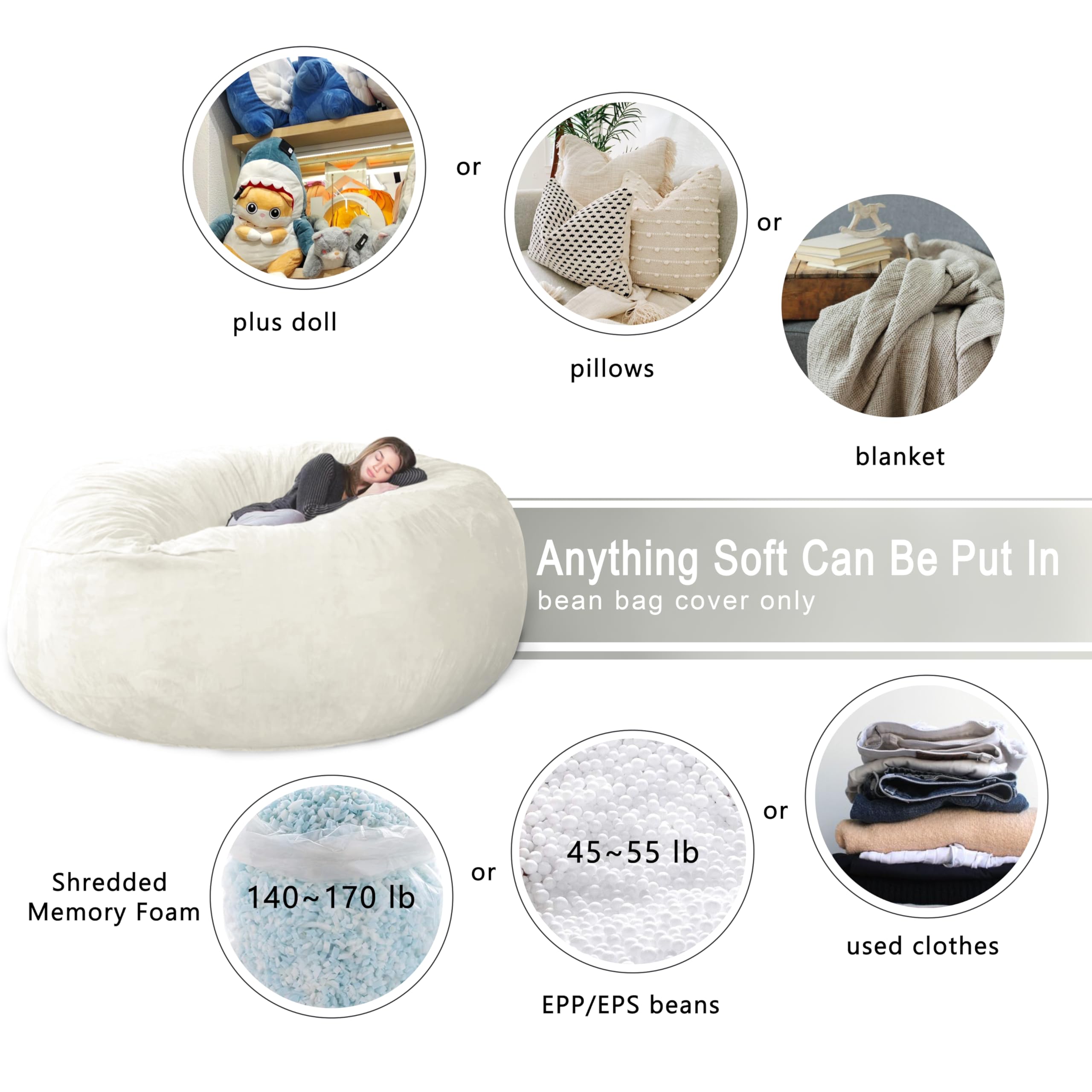 4FT Bean Bag Chair Cover - Soft Fluffy Dutch Velvet Replacement Cover (No Filling) for 4 Foot Large Bean Bags - Comfy Lazy Sofa Cover for Living Room, Bedroom, Dorm & Game Room - Machine Washable & Durable