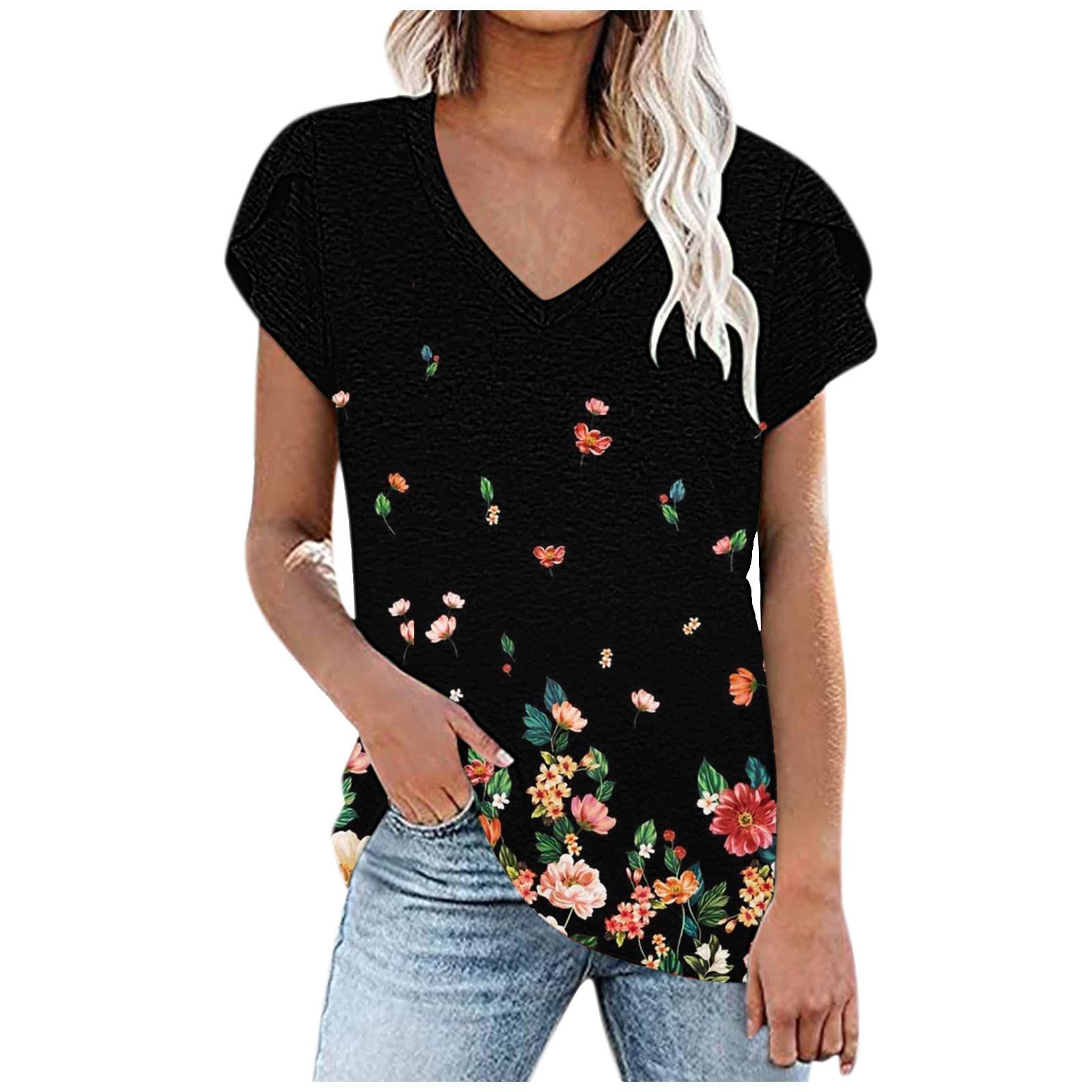 XSSFCC Plus Size White Blouse for Women - Casual Boho Floral Printed V-Neck Short Sleeve Button Down T-Shirt | Perfect for Office Wear, Date Night & Summer Outfits