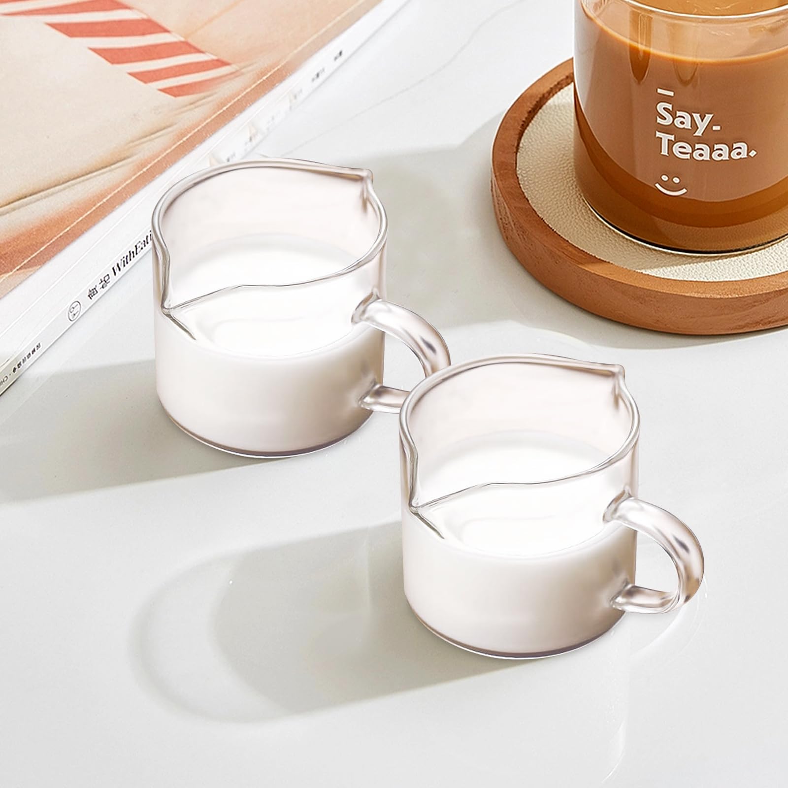 2 Pcs 4 Oz Espresso Shot Glasses with Handle - Double Spouts Coffee Cups for Espresso & Milk - Clear Glass Mugs for Home, Cafe & Restaurant Use