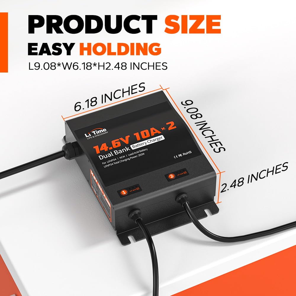 LiTime 2-Bank 10A Dual Smart Battery Charger for LiFePO4 & Lead Acid Batteries - 14.6V AC-DC Charger with Fuse & LED Indicator - Perfect for RV, Boat, Motorcycle, Lawn Mower, Trolling Motor - Fast Charging & Reliable Power Supply for Outdoor Adventures & Marine Applications
