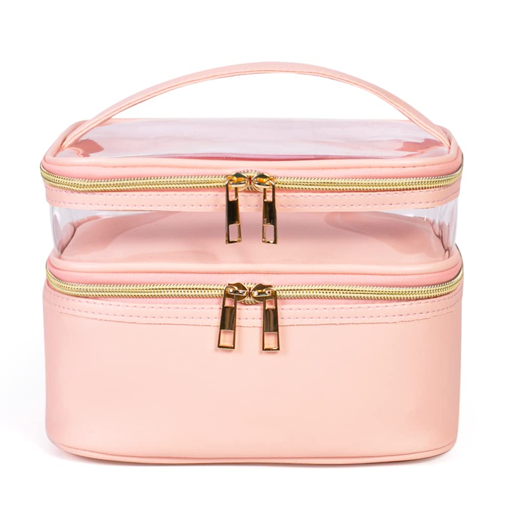 FITINI Double Layer Water-resistant Makeup Bag for Women - Travel Cosmetic Organizer with Brush Holder, Light Pink | Perfect for Travel, Gym, and Daily Makeup Storage