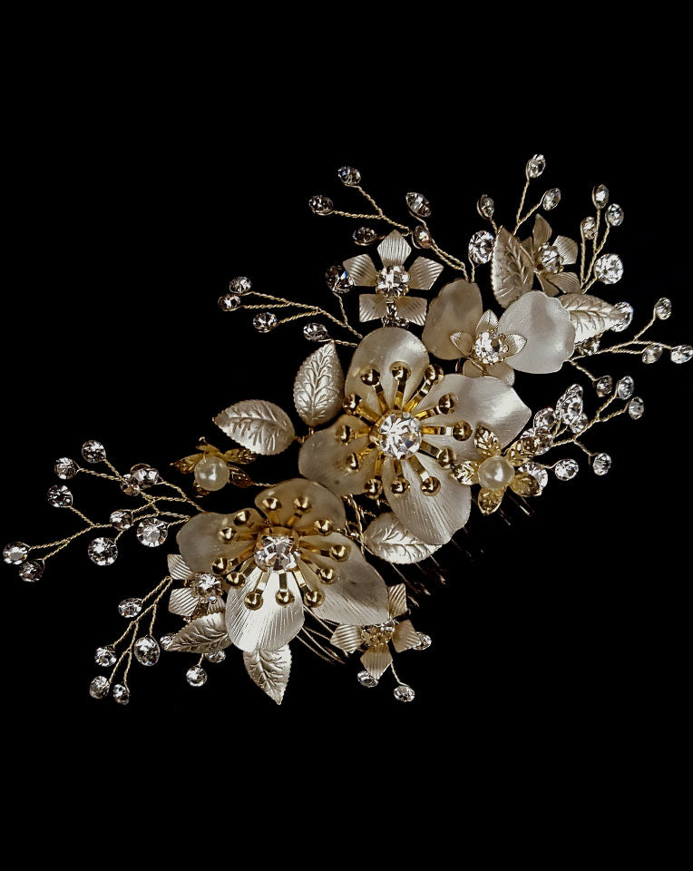 Elegant Silvery Gold Flower Comb Bridal Headpiece - Josie Johnny B Collection at Kezani | Perfect for Weddings, Prom & Special Occasions