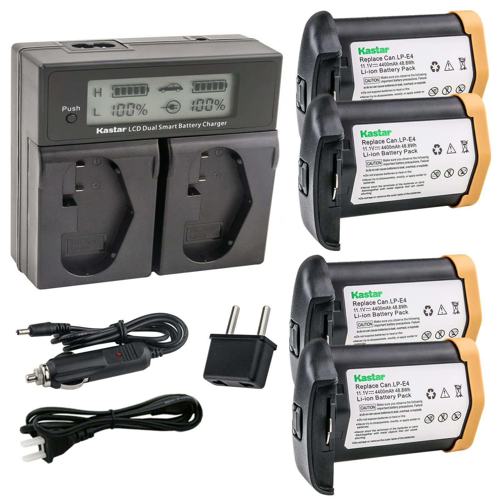 Kastar 4-Pack LPE4 11.1V 4400mAh Rechargeable Battery with AC LCD Dual Fast Charger for Canon EOS 1D C, 1D X, 1D X Mark II, 1D Mark III, 1Ds Mark III DSLR Cameras - Perfect for Professional Photography, Videography & Travel Shooting