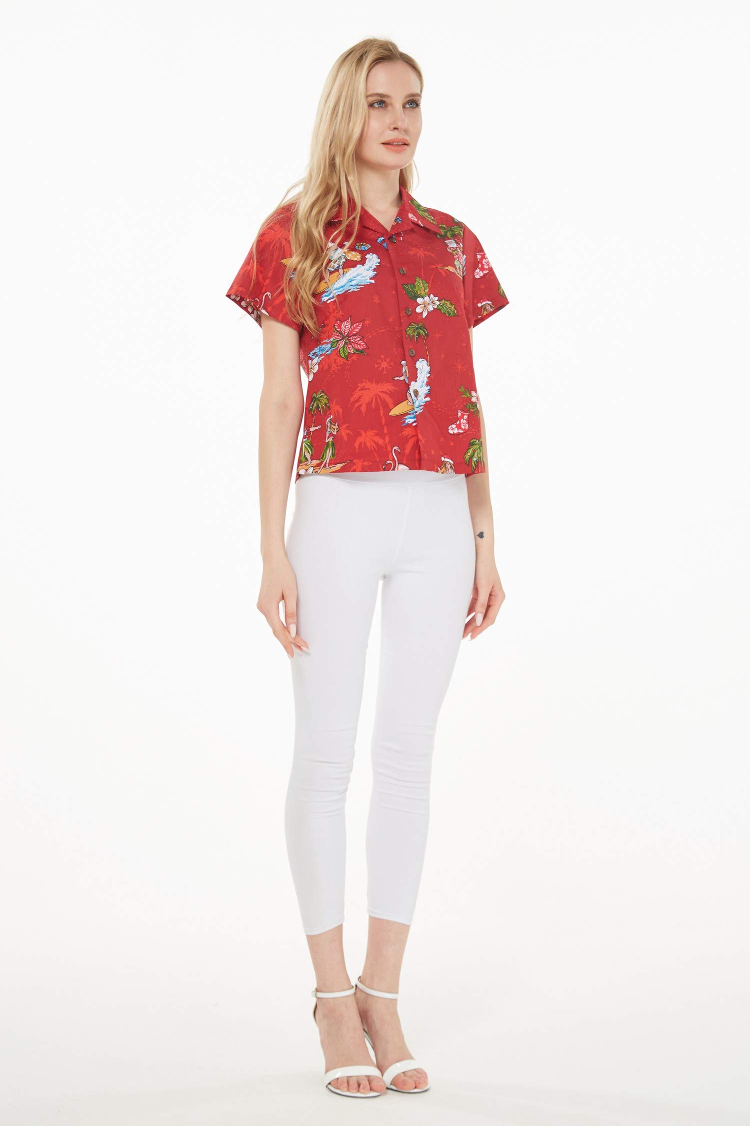 Women's Hawaiian Aloha Shirt - Christmas Santa in Hawaii Red Floral Print - Perfect for Beach Vacation, Luau Party & Summer Holiday Outfits