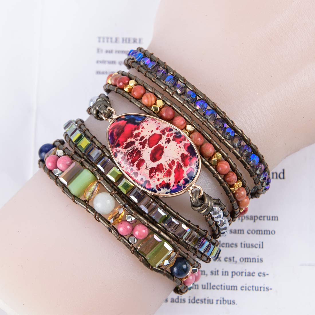 YGLINE Adjustable 5-Wrap Multilayer Genuine Leather Boho Beaded Bracelet for Women - Handmade Natural Stone Bohemian Wrap Bracelet | Perfect for Festival, Beach, Yoga & Everyday Boho Chic Style