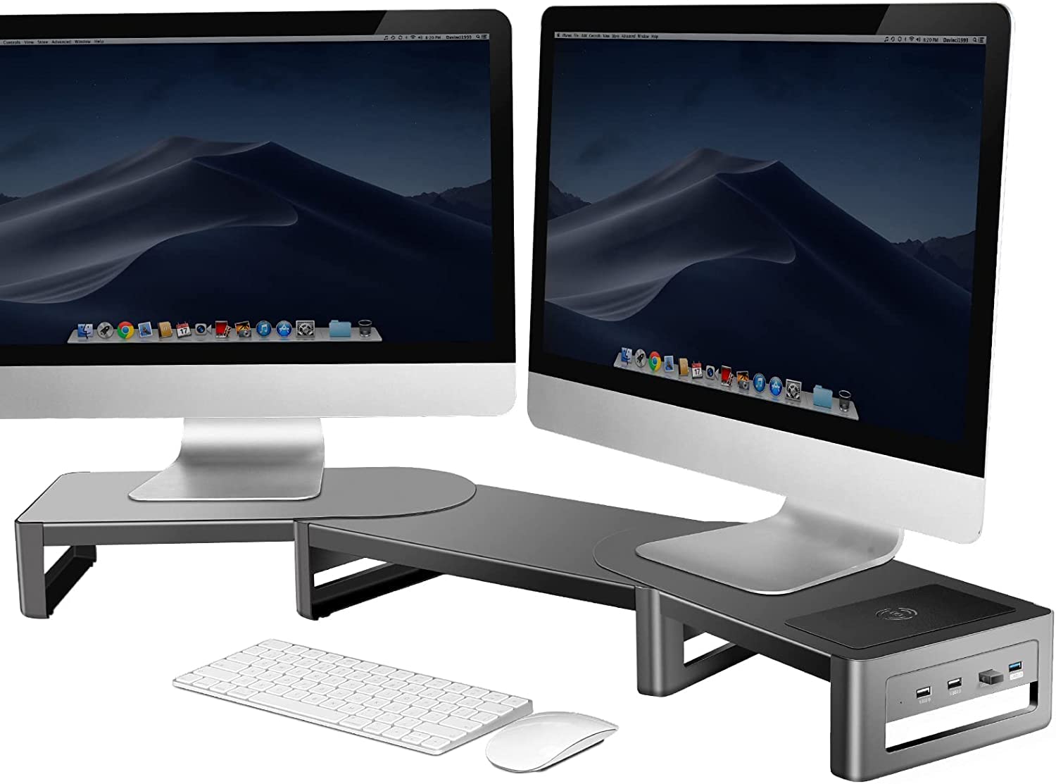 Adjustable Metal Dual Monitor Stand Riser with Wireless Charging & 4 USB Ports - Ergonomic Desk Organizer for 2 Monitors, Laptop, PC, Printer - Perfect for Home Office, Gaming Setup & Workspace Organization