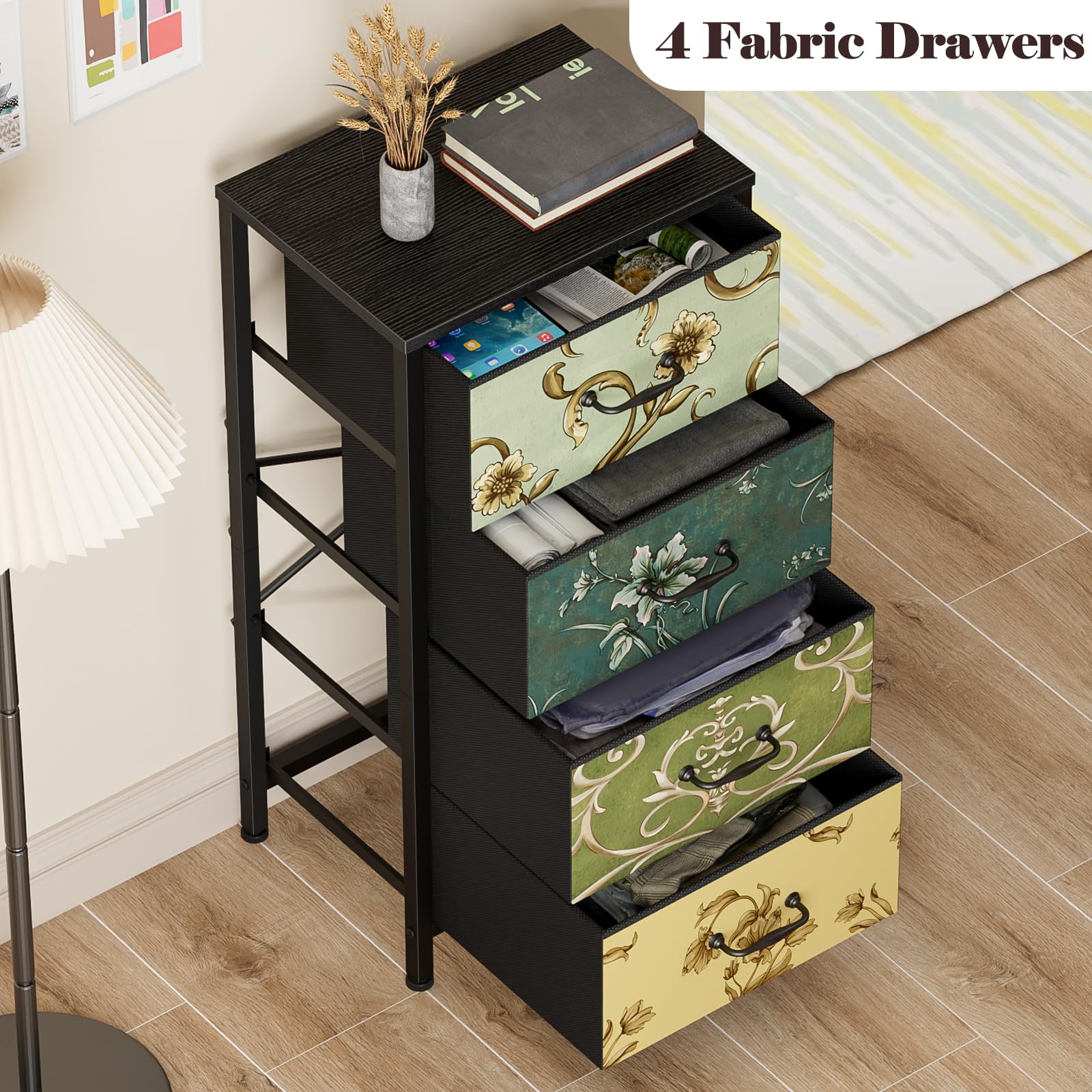 4-Drawer Dresser for Bedroom & Nursery - Fabric Storage Tower with Wood Top for Kids & Adults - Vertical Nightstand for Closet, Living Room - Retro Style Furniture Organizer