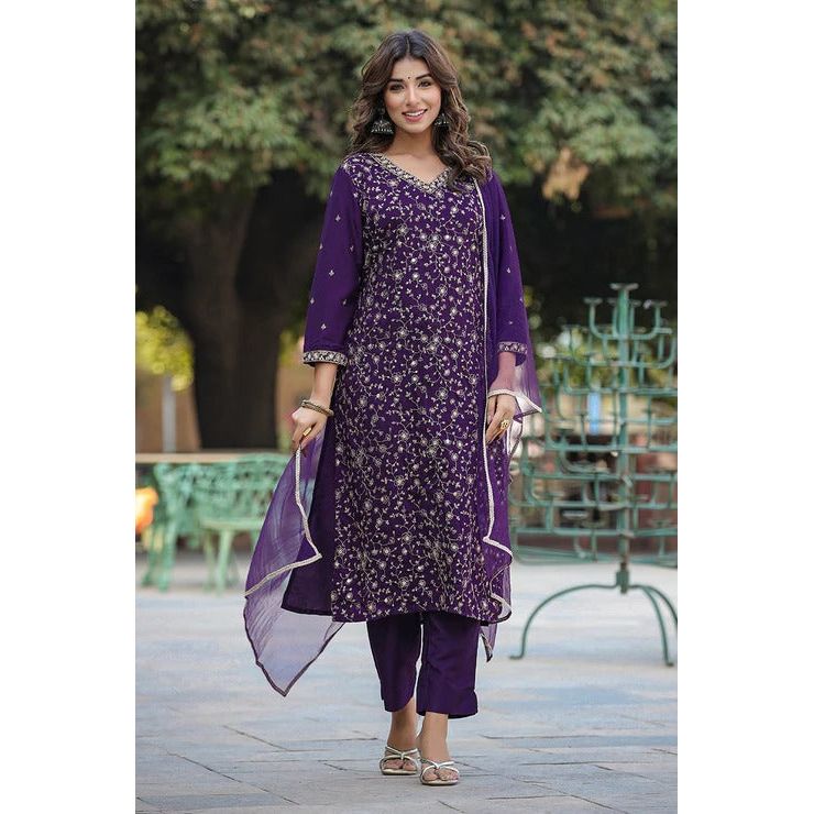Elegant Purple Silk Blend Ethnic Motif Straight Suit Set for Women - Perfect for Weddings, Parties & Formal Occasions