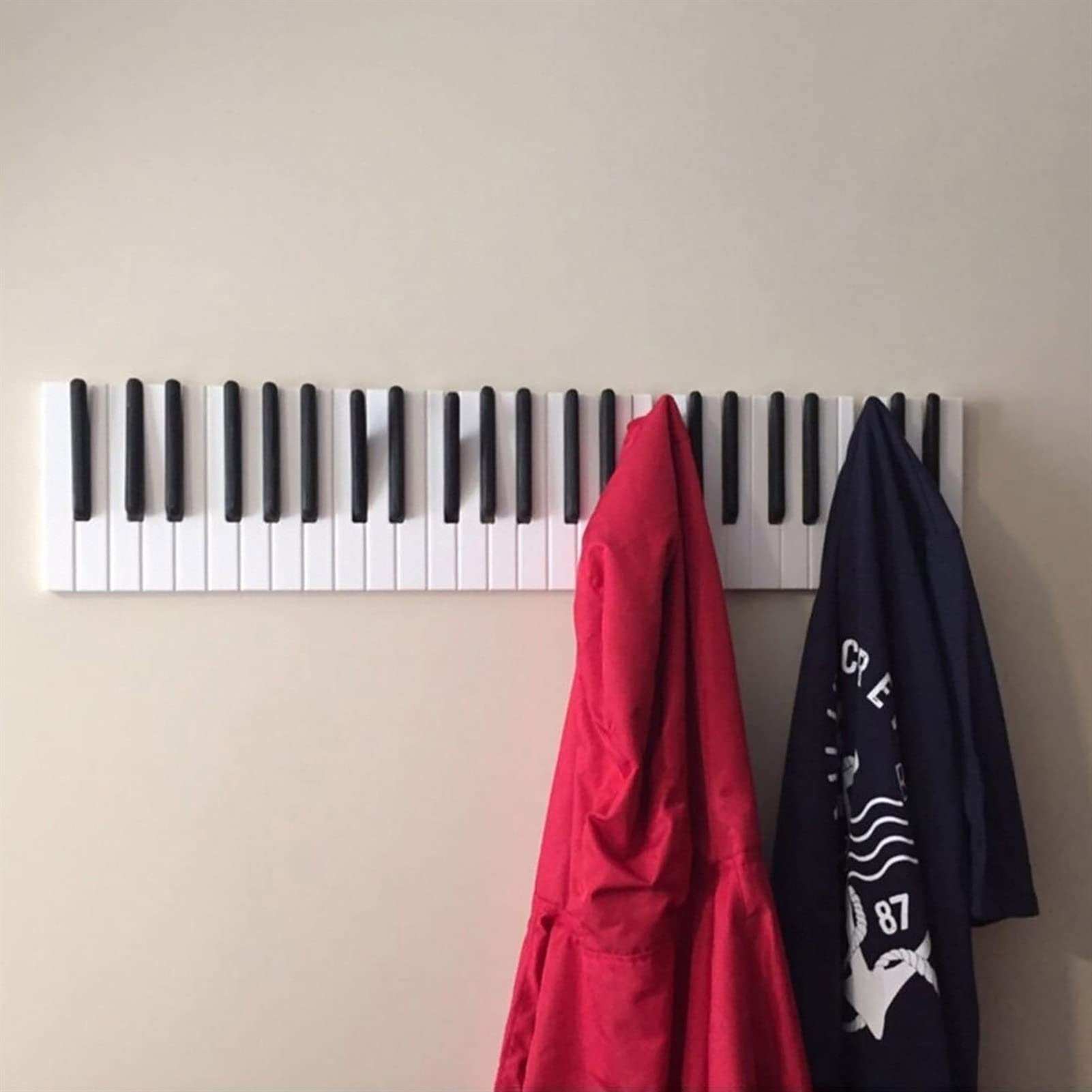 Stylish Piano Key Wall Coat Rack - Wooden Wall Mounted Coat Hanger with Hooks for Jackets, Hats & Scarves - Space Saving Entryway & Bedroom Organizer