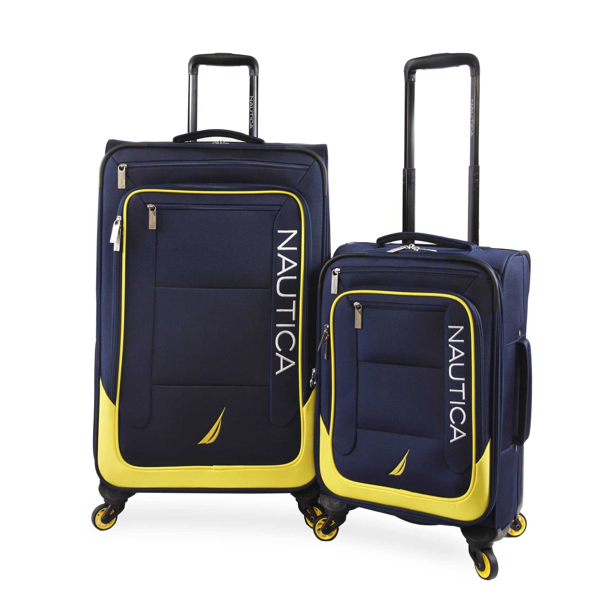 NAUTICA Helios 2-Piece Softside Luggage Set in Navy & Yellow - Lightweight Spinner Suitcase for Travel, Business Trips & Weekend Getaways