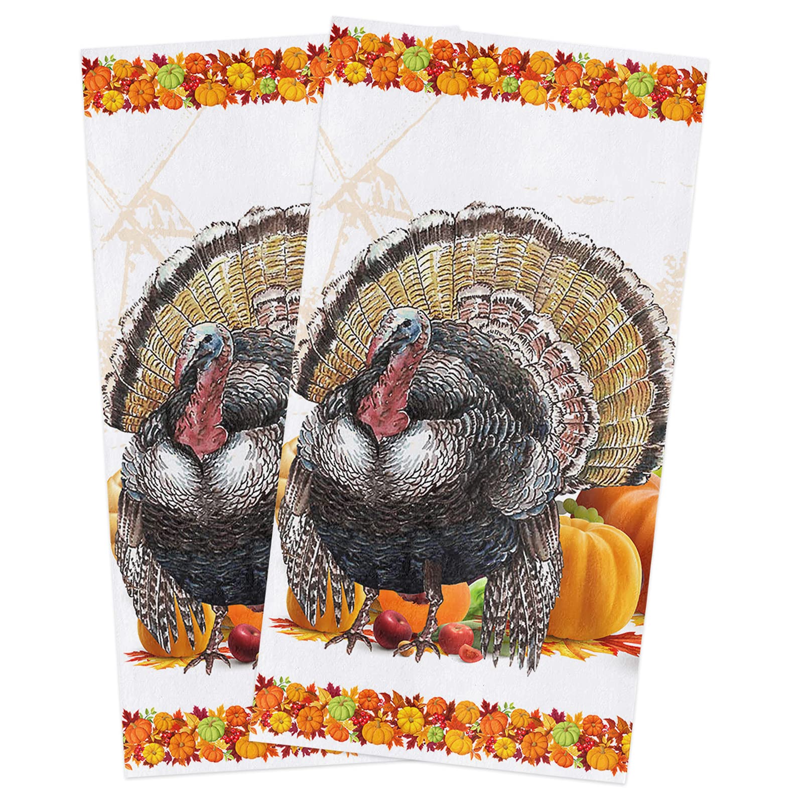 Premium Smile Sunflower Microfiber Kitchen Towels - Super Absorbent & Reusable Dish Cloths (Pack of 2, 18x28 Inch) - Thanksgiving Turkey & Fall Pumpkin Maple Leaves Design - Perfect for Drying Dishes, Cleaning Countertops & Holiday Decor