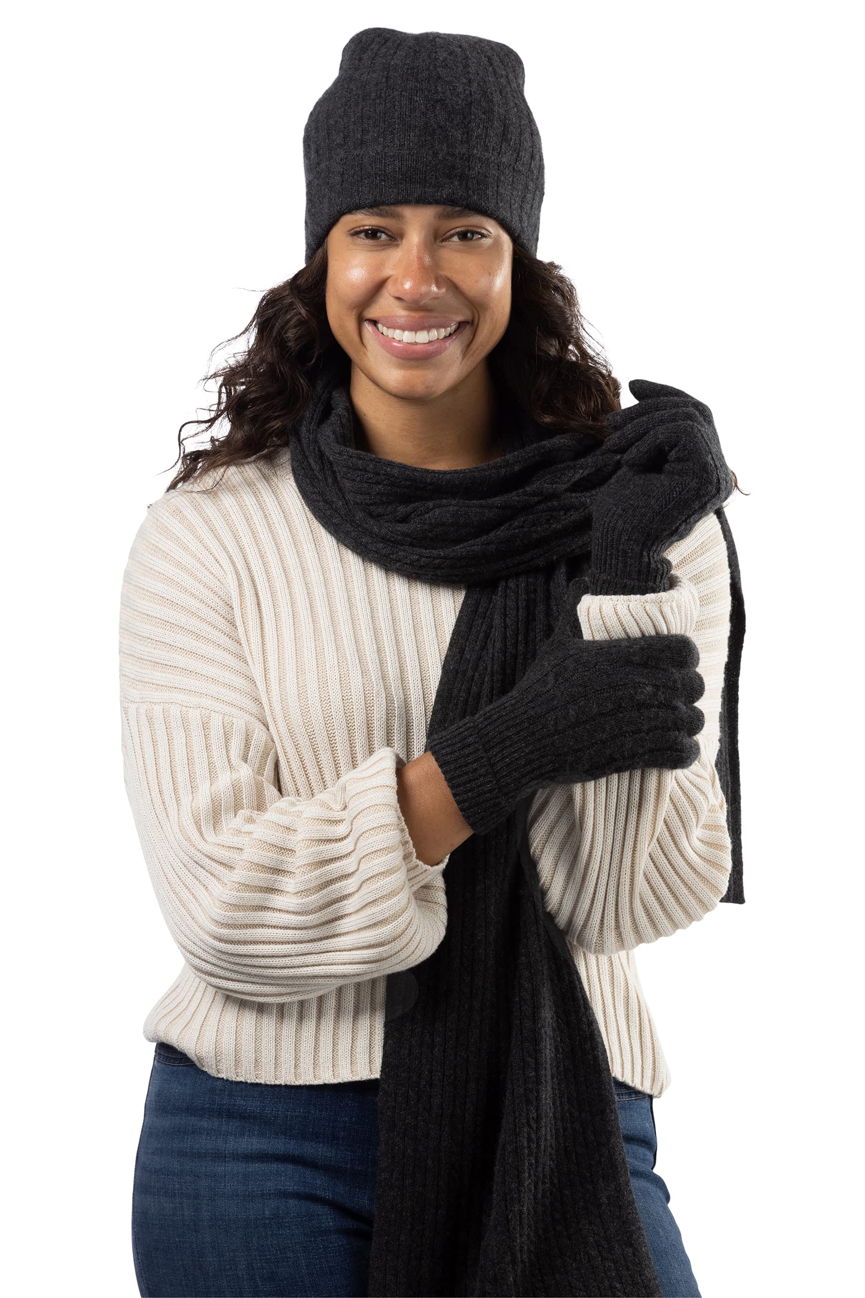 Fishers Finery Women's Pure Cashmere Cable Knit Hat, Gloves & Scarf Set - Winter Accessories Gift Box for Cold Weather, Outdoor Activities & Holiday Gifting