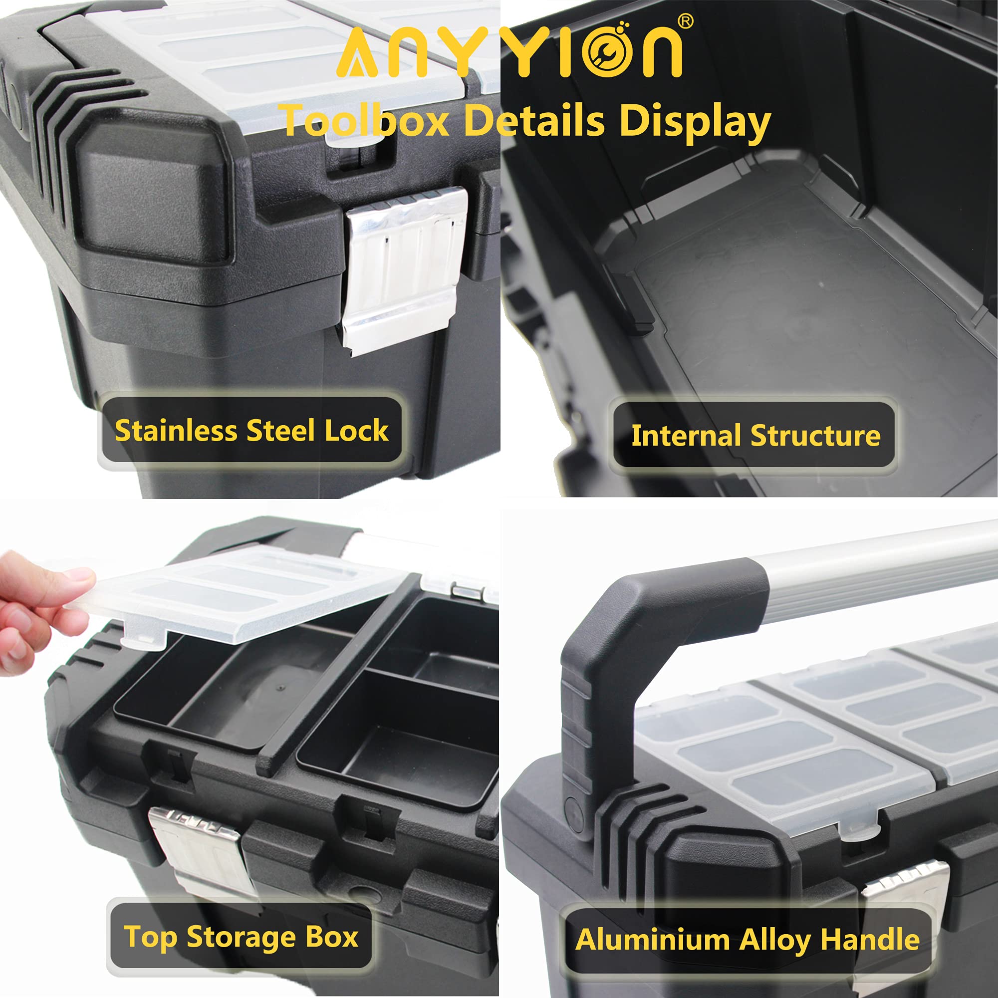 Anyyion 17-Inch Heavy Duty Tool Box with Removable Tray & Stainless Steel Dual Lock - Secure Small Parts Organizer with Rugged Metal Handle (17In) - Perfect for Workshop, Garage & DIY Projects