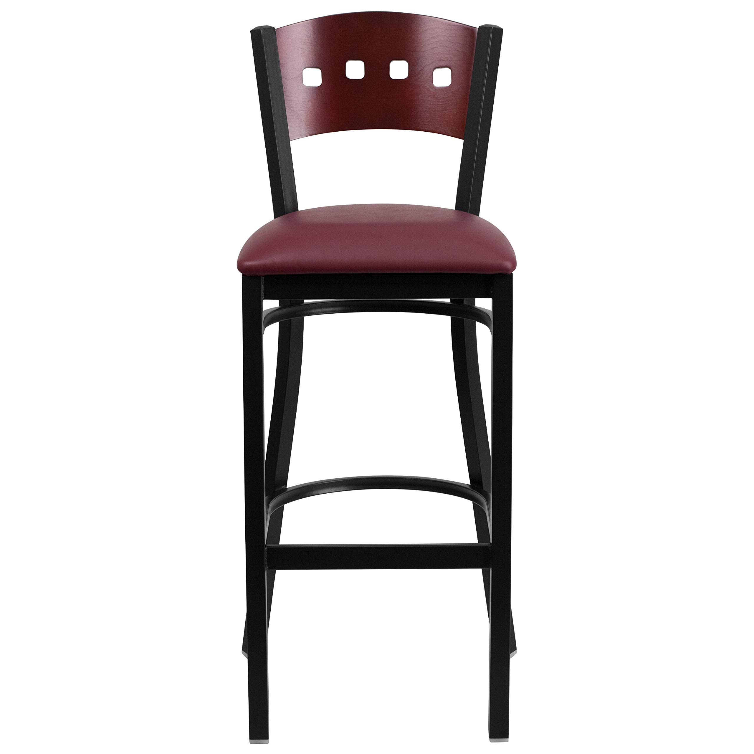 2 Pack Black 4 Square Back Metal Barstools - Mahogany Wood Back, Burgundy Vinyl Seat - Perfect for Kitchen Islands, Breakfast Bars & Home Decor