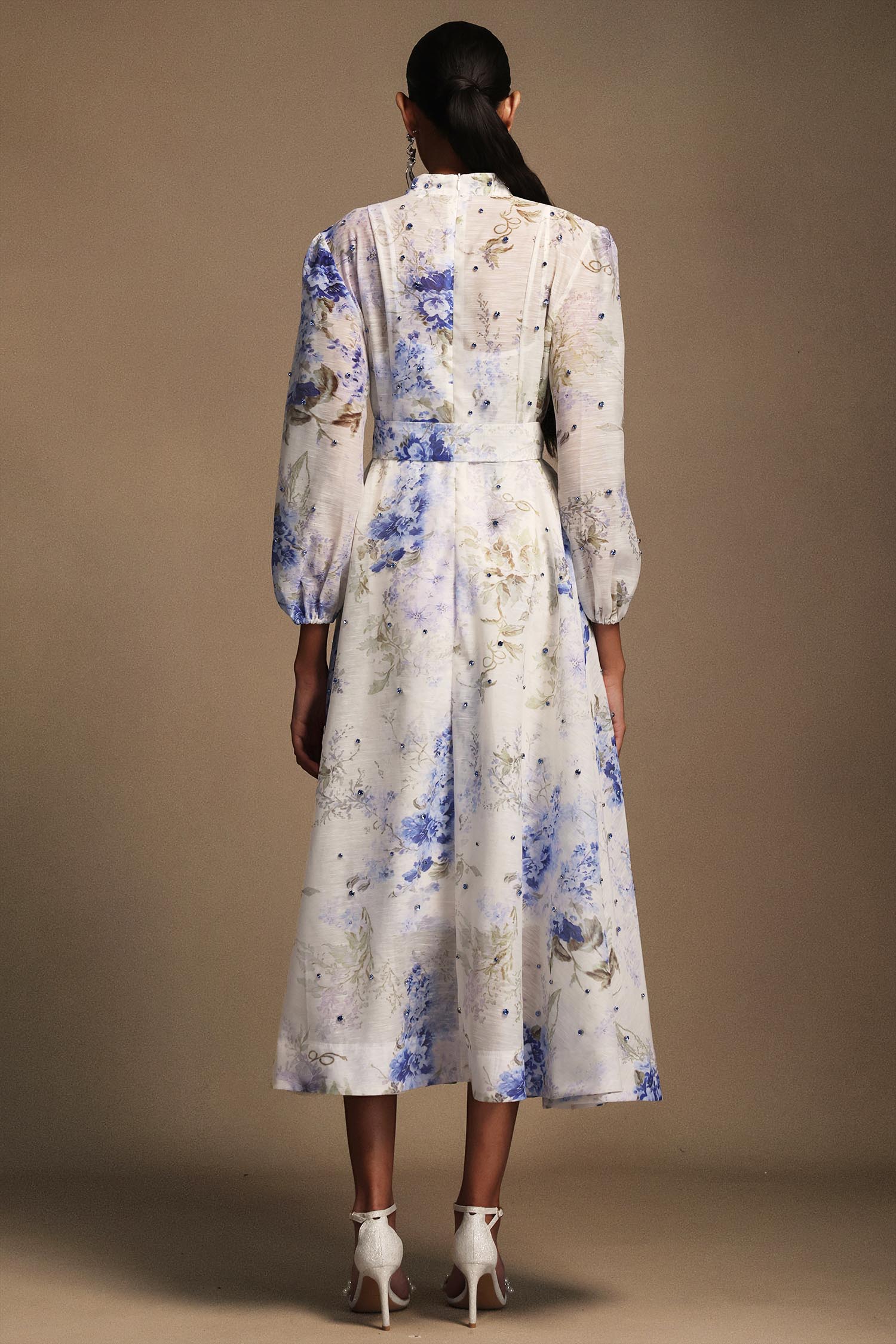 Ilsa Women's Long Sleeve Floral Print Diamond Pattern Midi Dress for Casual Wear, Office, Party & Special Occasions