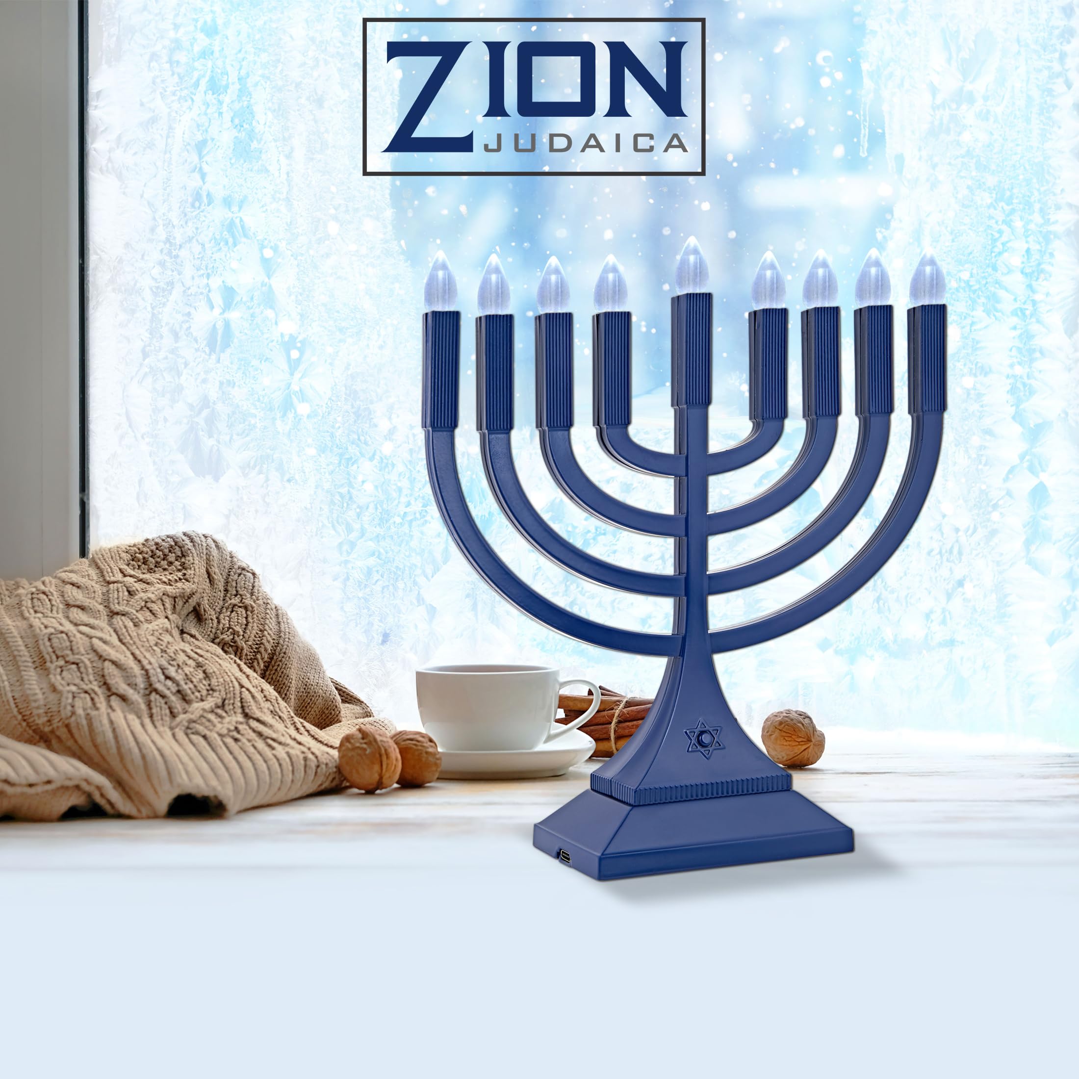 Zion Judaica 9-Inch LED Hanukkah Menorah in Blue - Battery Operated or USB-C Powered (3ft Cable Included) - Flameless Electric Chanukiah with LED Bulbs - Perfect for Hanukkah Decorations, Home Celebrations & Safe Holiday Lighting