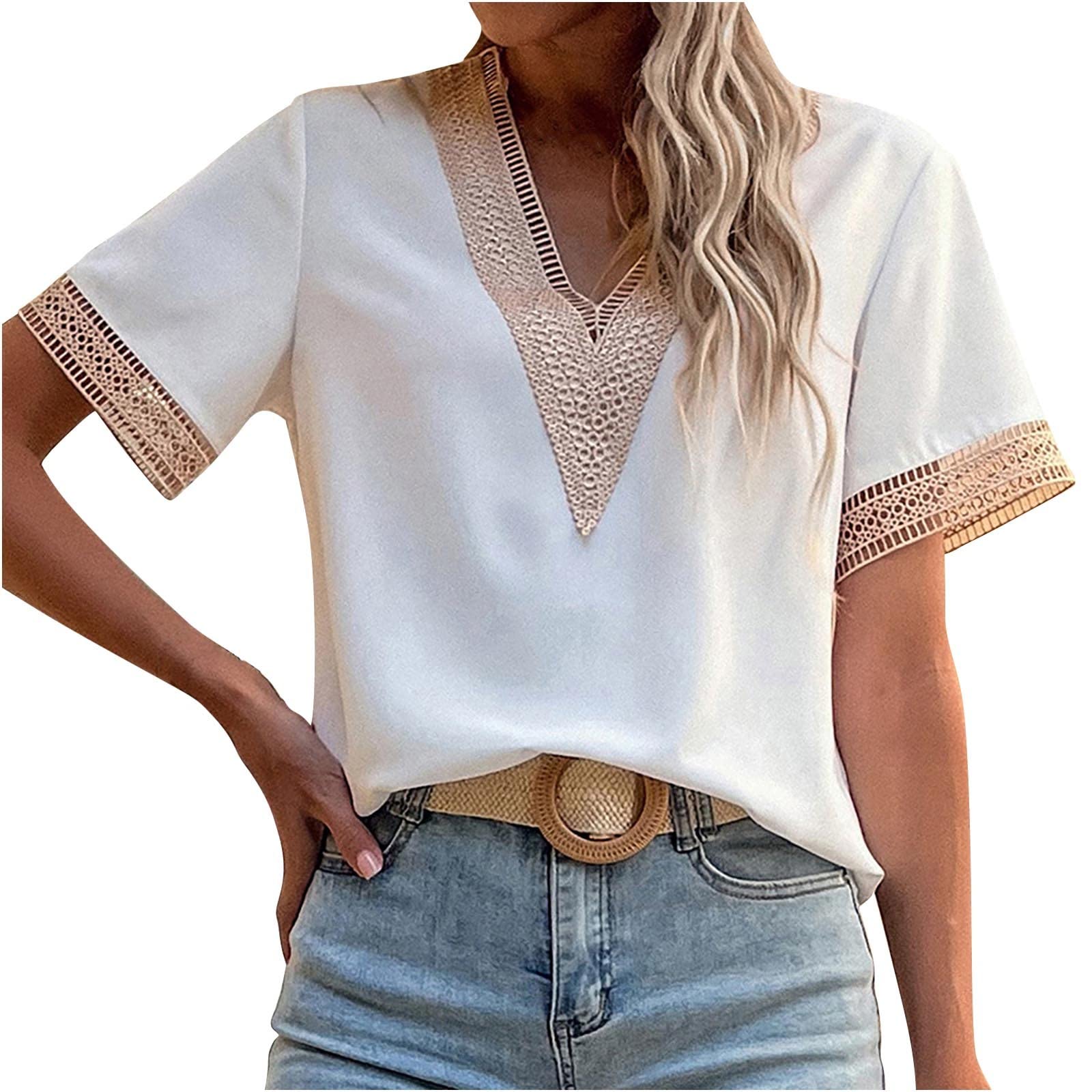 Trendy Women's Lace V-Neck Casual Short Sleeve Blouse - Sexy Solid Color Loose Tunic Top for Summer Outfits & Going Out | Perfect for Date Night, Parties & Beach Vacations