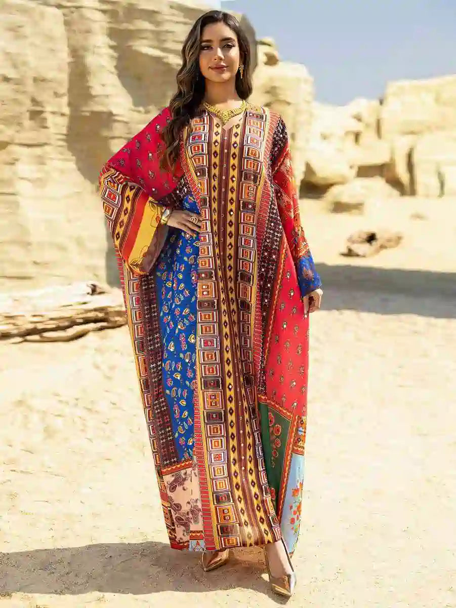 Hotfix Rhinestone Chiffon Printed Caftan Kaftan Dress - Elegant Party Wear for Eid, Wedding, Bridal Shower & Special Occasions | Style #25466