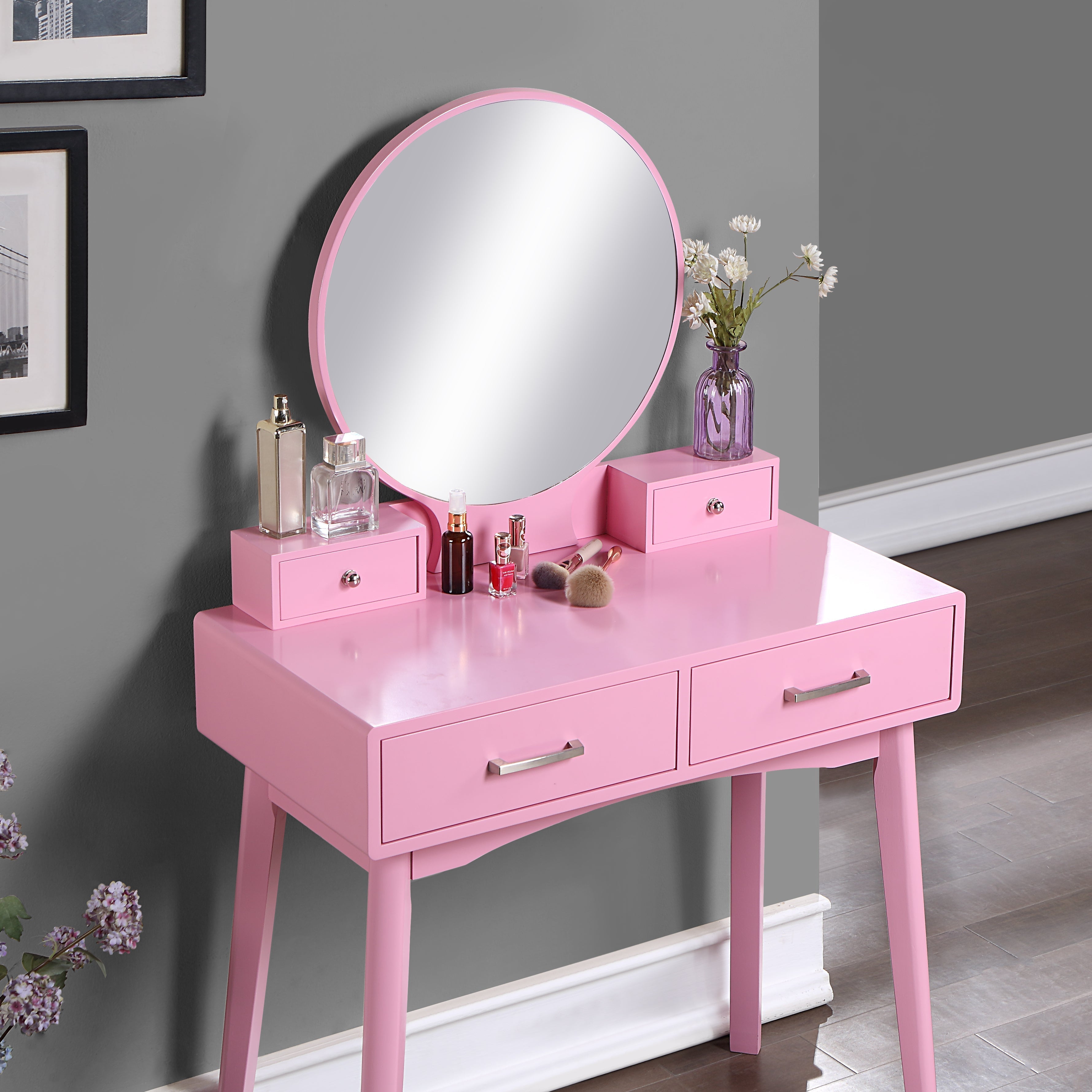Roundhill Furniture Liannon Contemporary Wood Vanity and Stool Set in Pink - Modern Dressing Table with Stool for Bedroom Makeup & Beauty Area