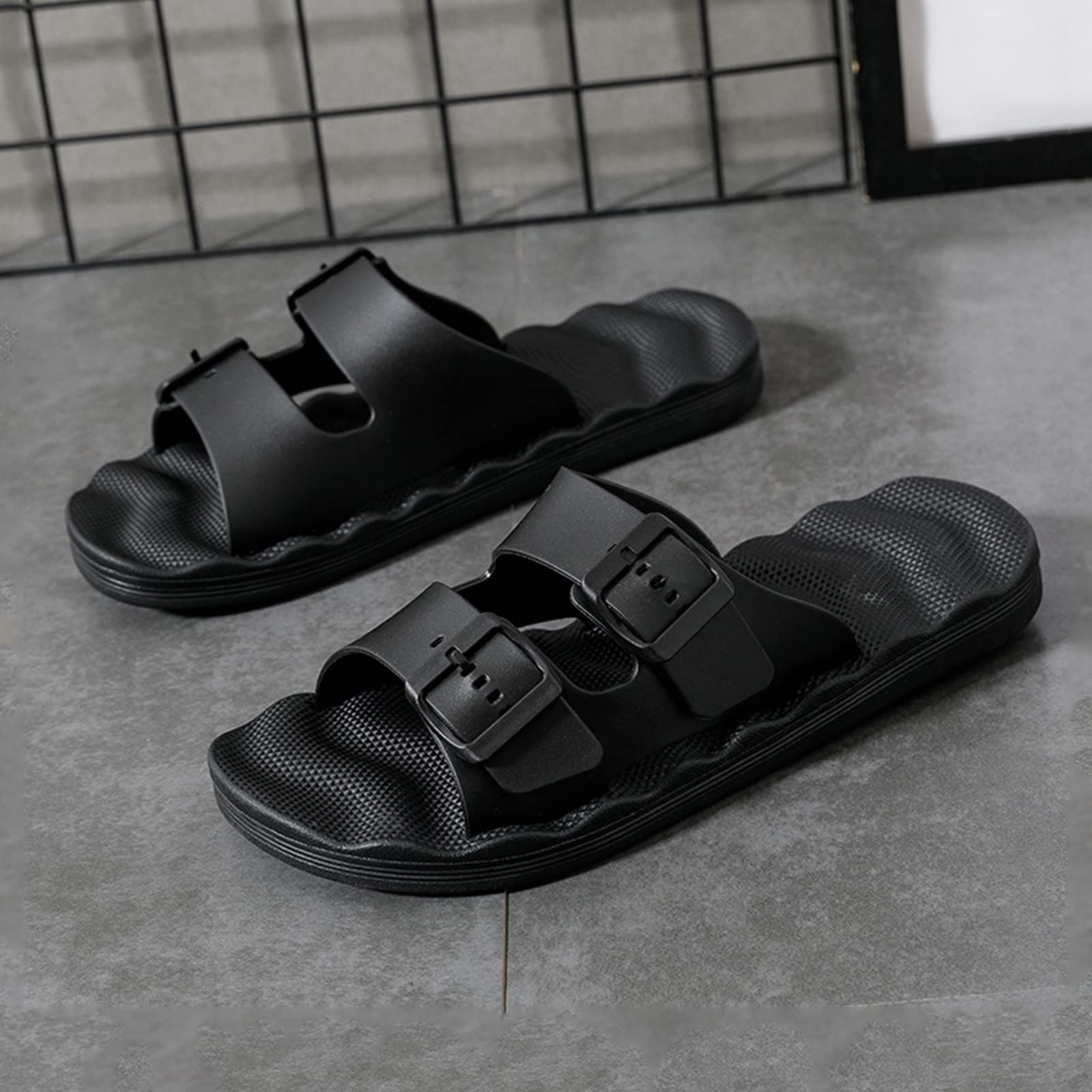Men's Adjustable Double Buckle Outdoor Slides - PVC Open Toe Summer Sandals with Massage Sole for Beach, Pool & Casual Wear