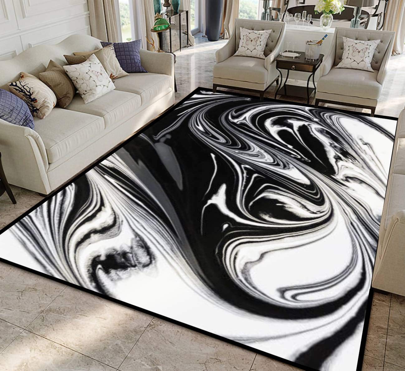 Abstract White and Black Mineral Oil Paint Water Rugs - Soft Non-Slip Indoor/Outdoor Carpet for Living Room, Bedroom, Kids Room - Modern Home Decor, Yoga Mat, Runner Rug, Doormat - Perfect for Home, Office, Gym & Outdoor Activities