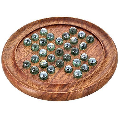 Premium Wooden Solitaire Board Game Set with 32 Glass Marbles - Classic Peg Game for Adults & Kids - Brain Teaser Puzzle for Home, Office, Travel & Gifts (Brown)